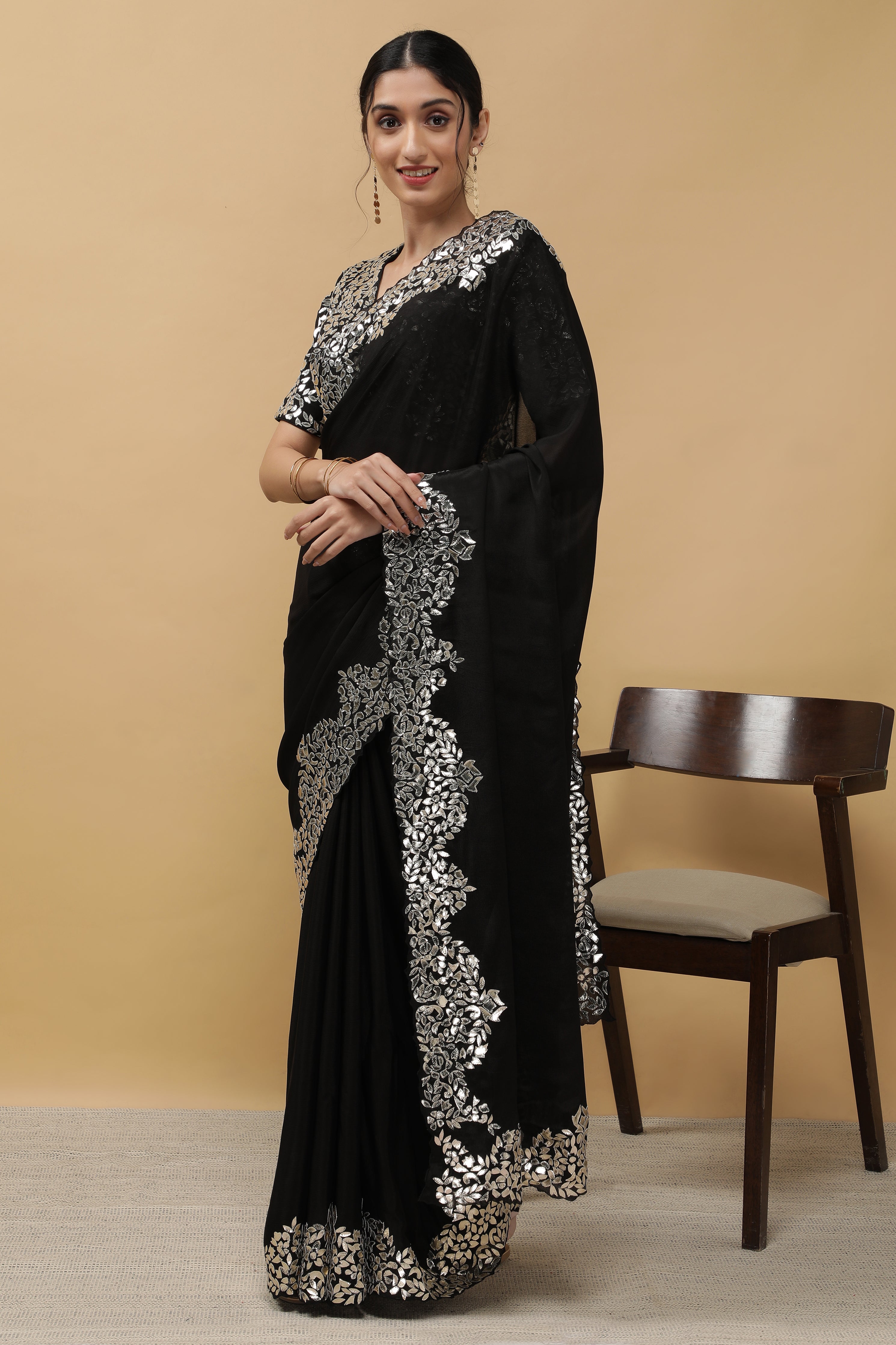 Black Satin Georgette Saree - Mokshaa