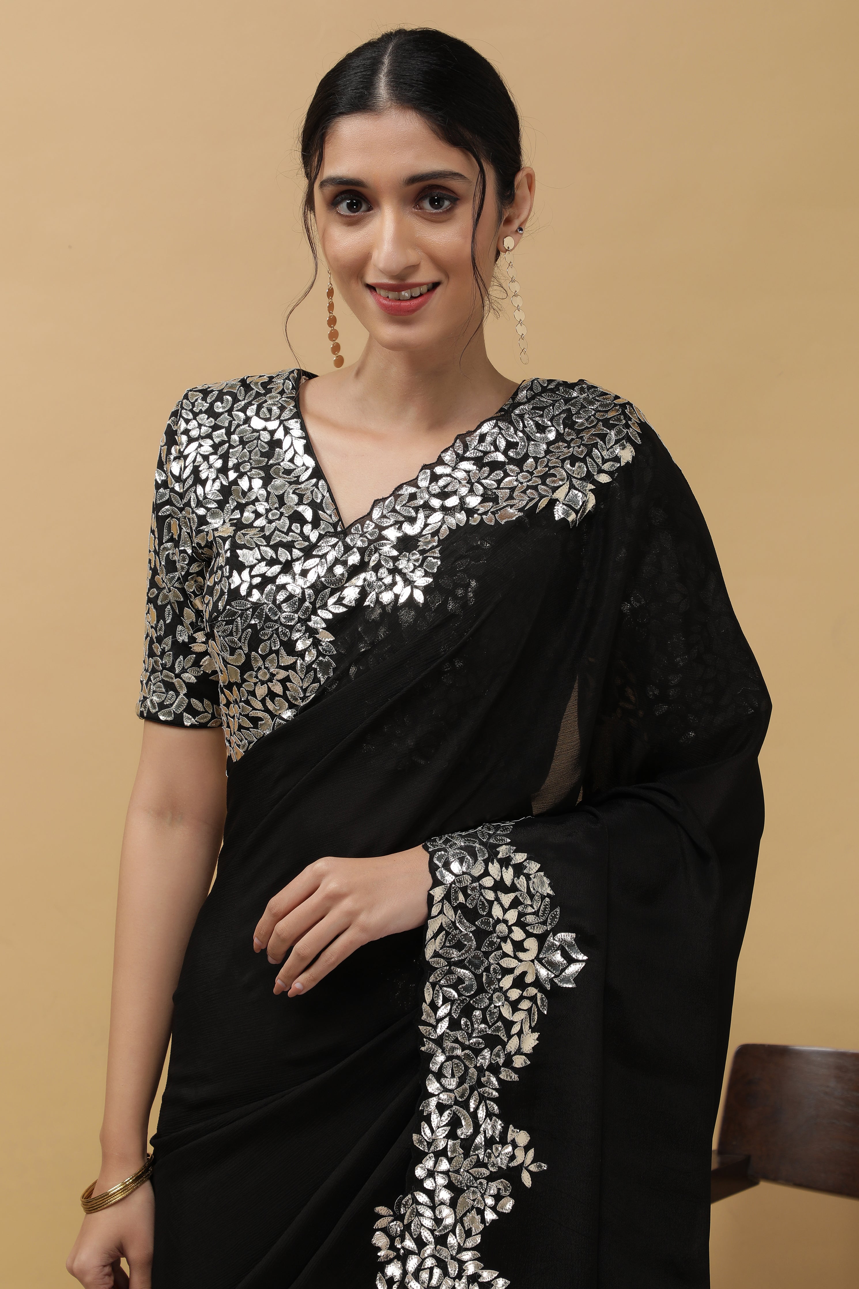 Black Satin Georgette Saree - Mokshaa