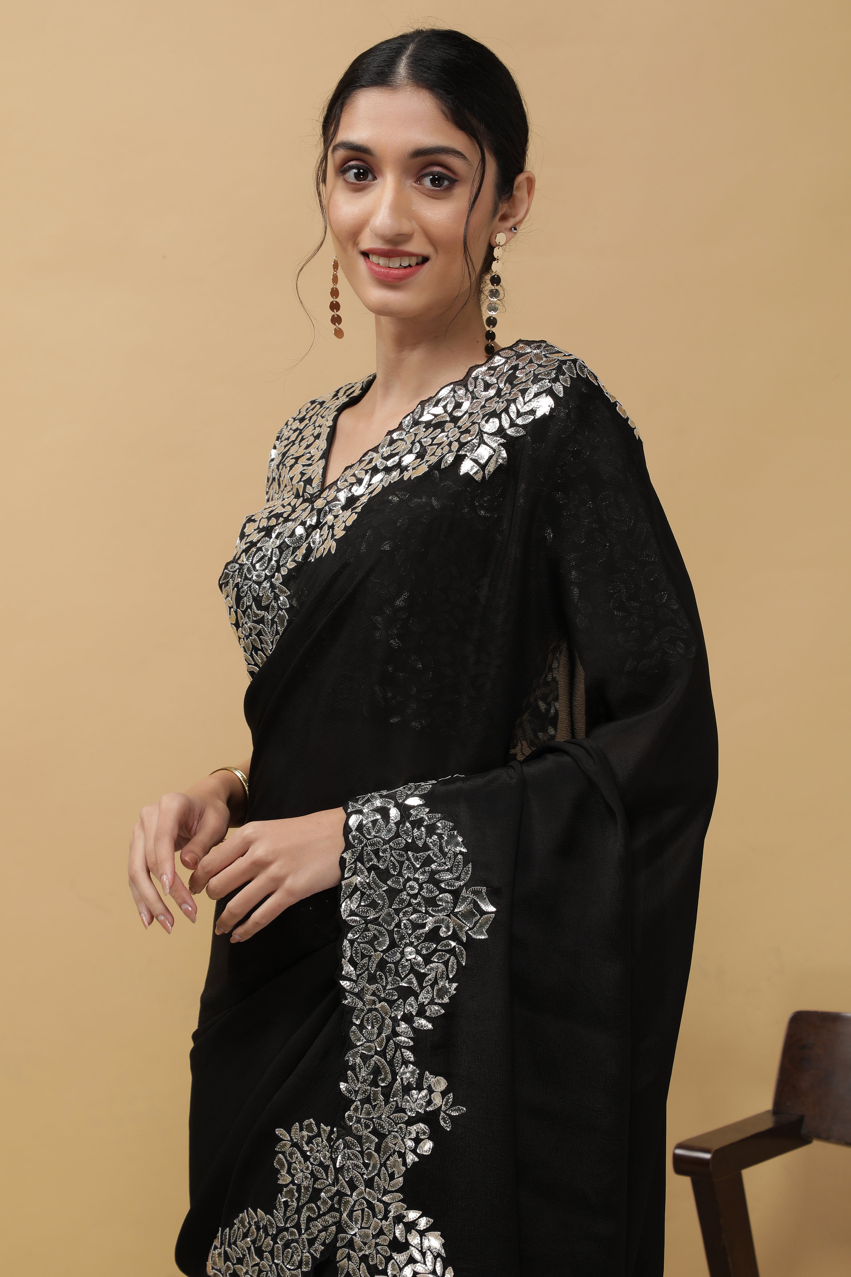 Black Satin Georgette Saree - Mokshaa