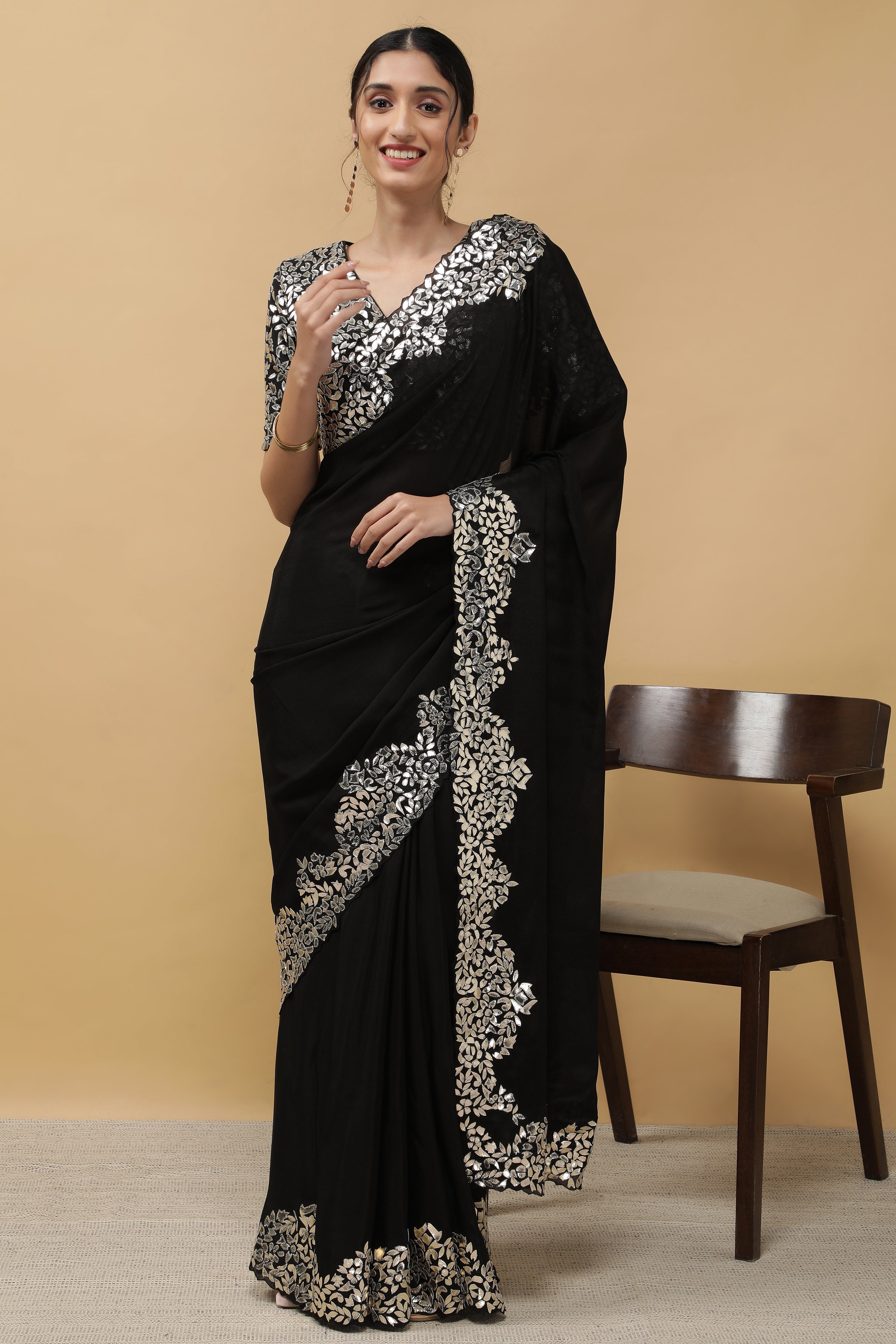 Black Satin Georgette Saree - Mokshaa