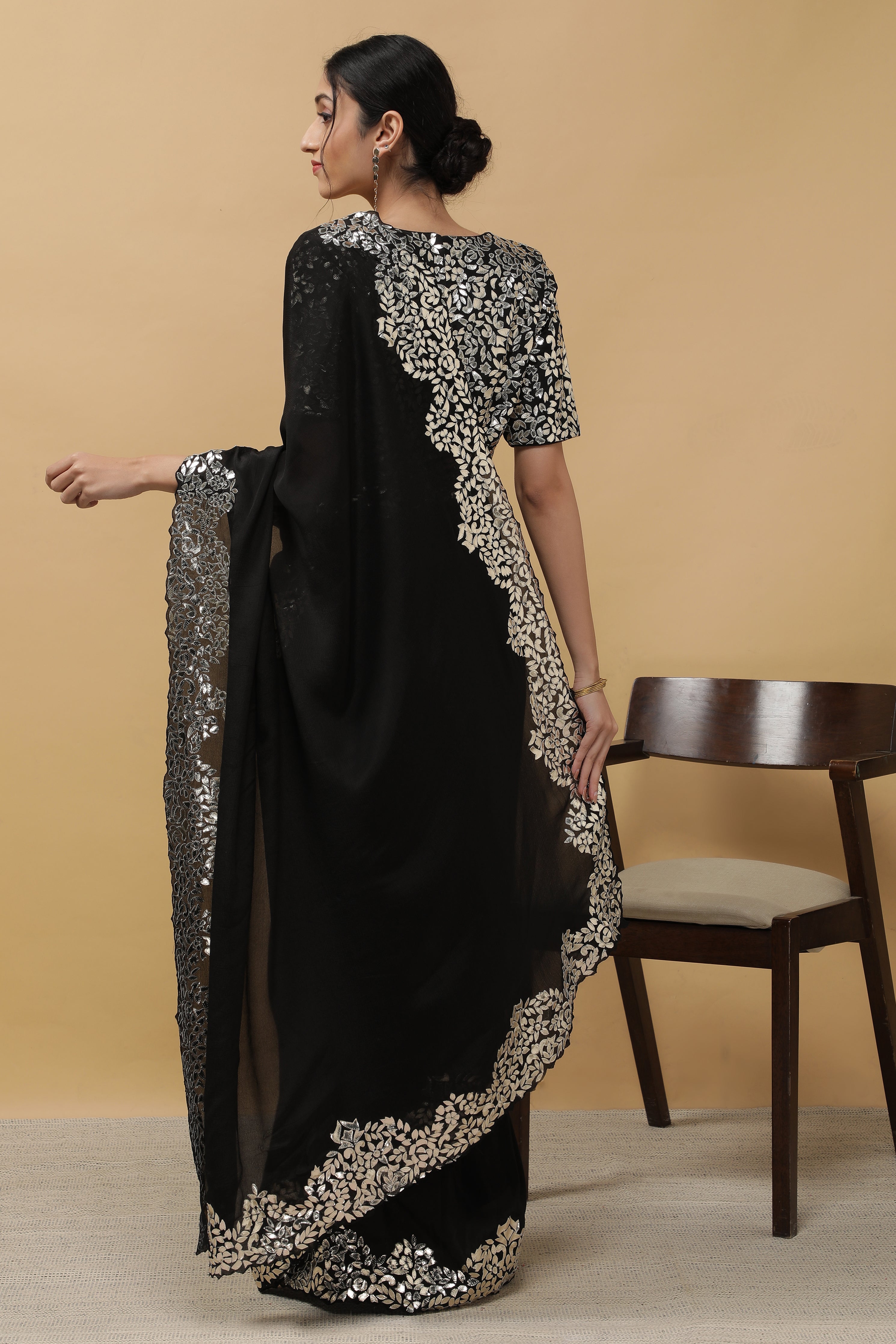 Black Satin Georgette Saree - Mokshaa