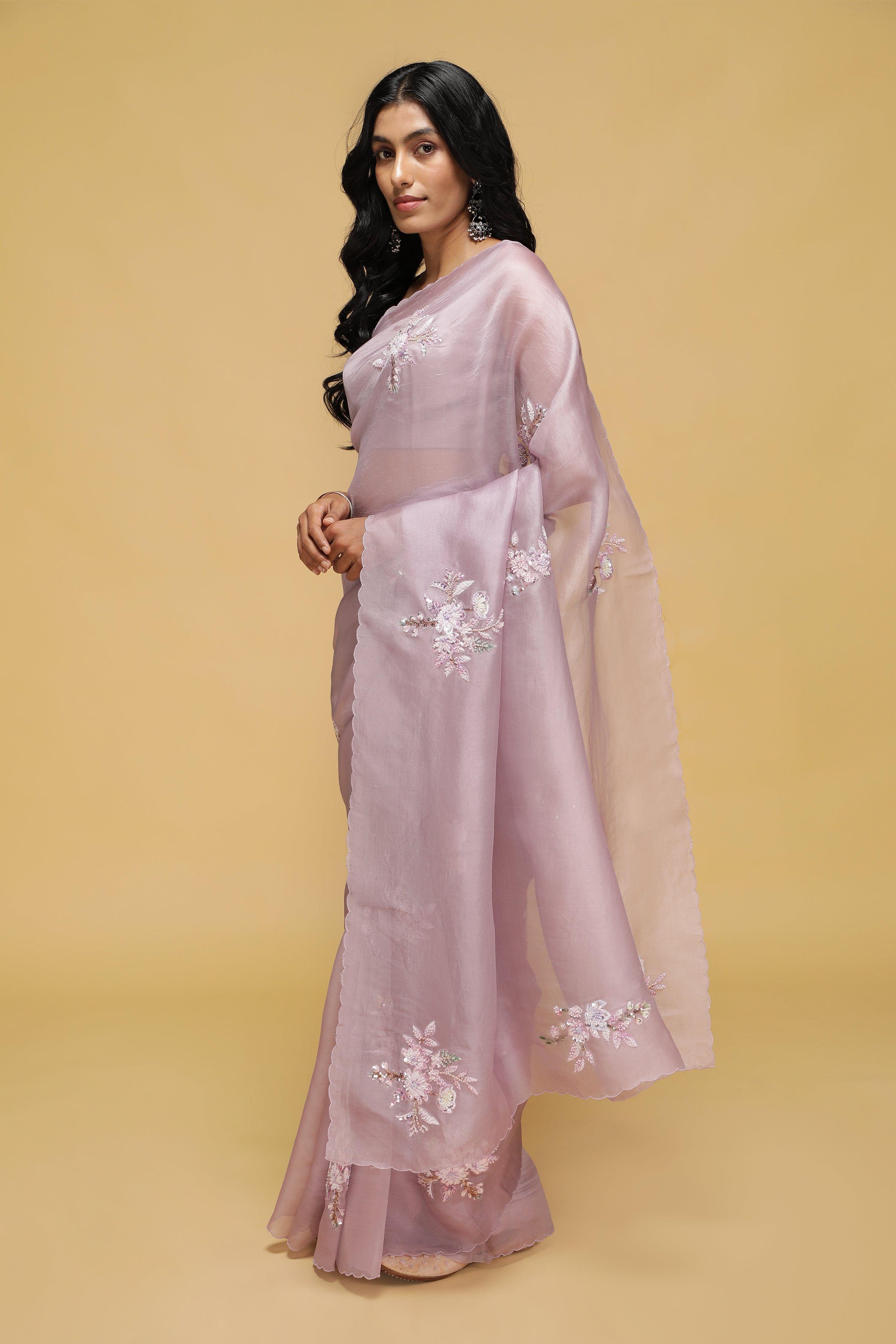 Mauve Organza Saree with Bead Butis & Sequin Thread Border.