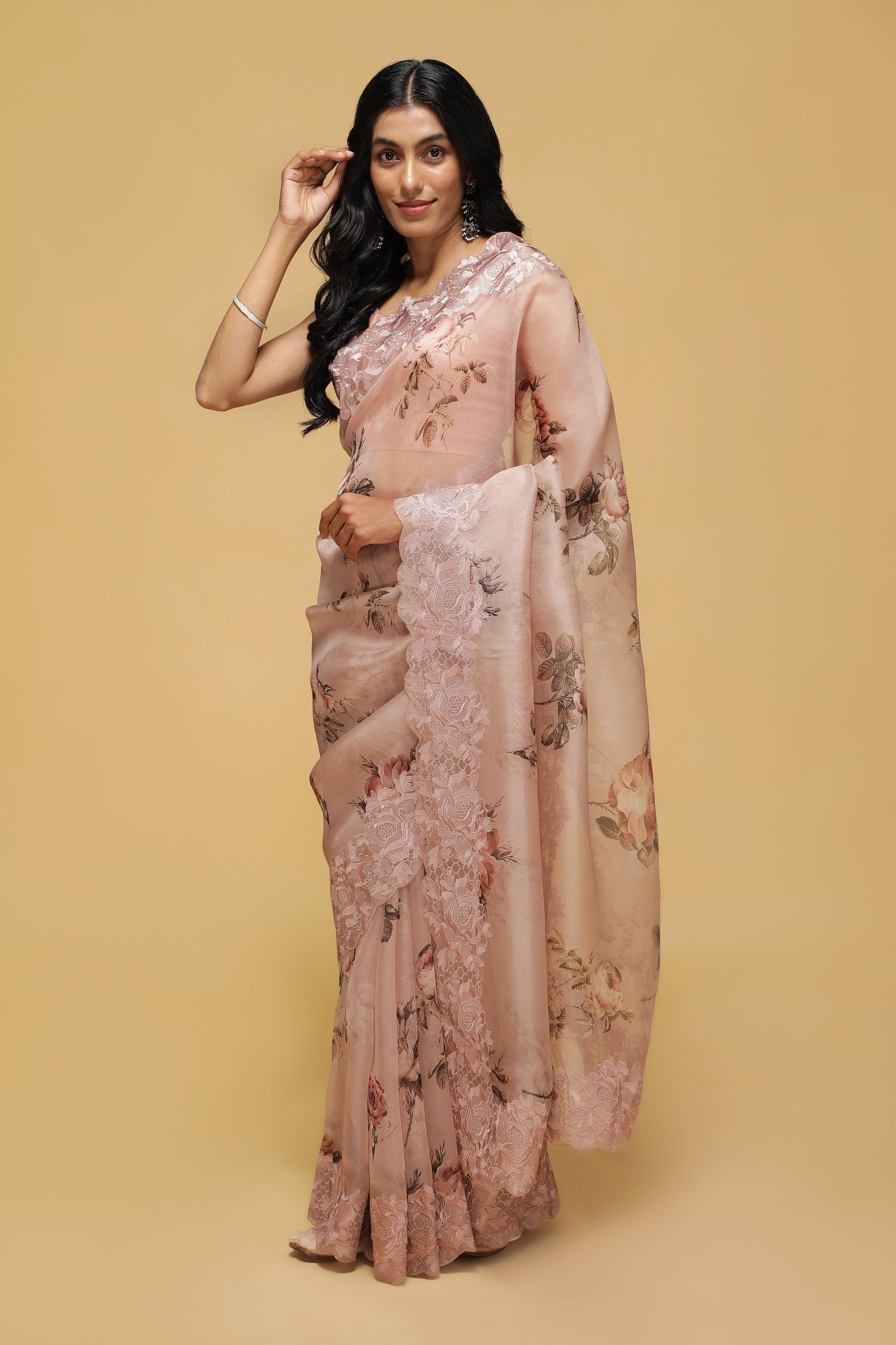 Dusty Peach Organza Saree with Floral Print and Thread Embroidery.