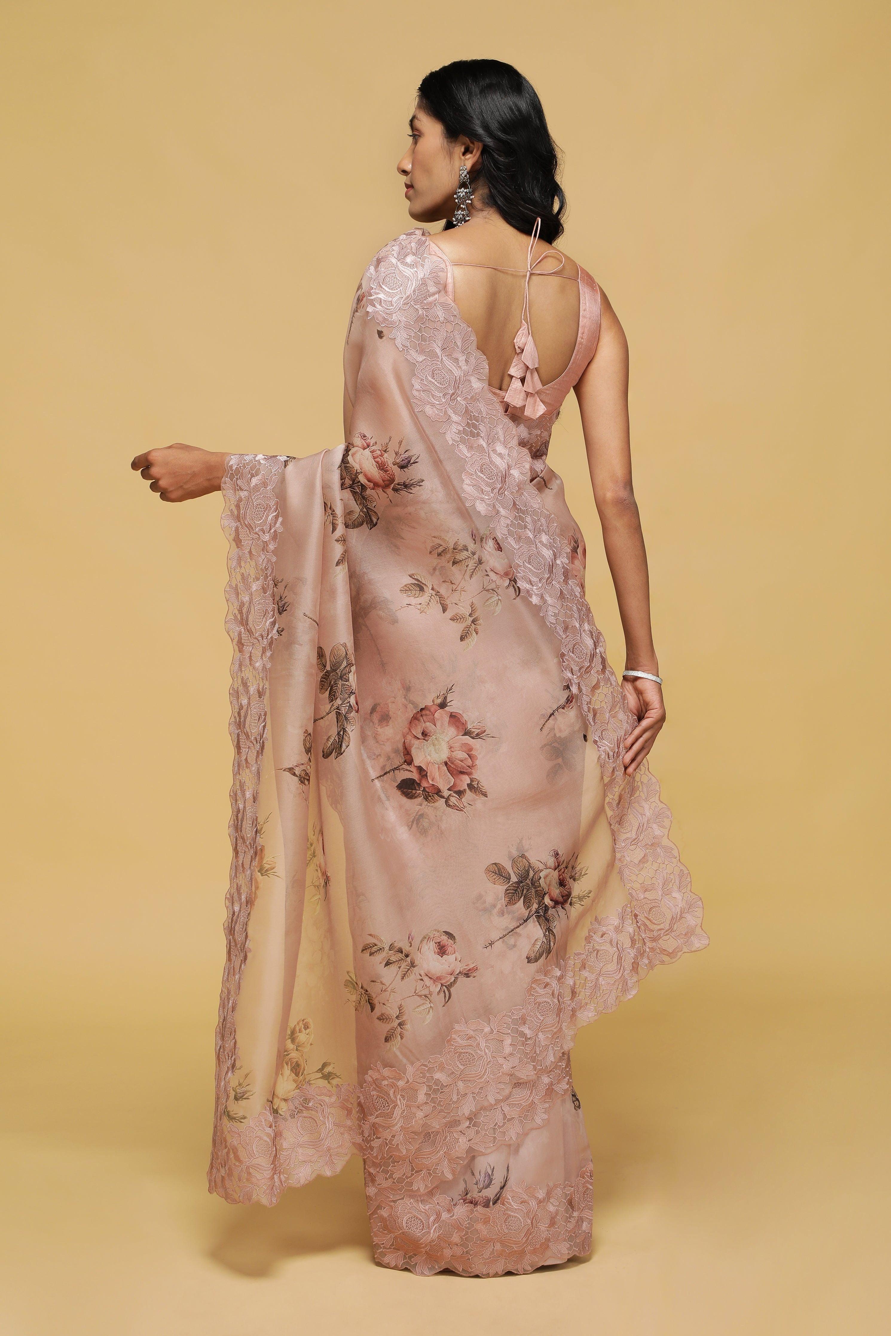 Dusty Peach Organza Saree with Floral Print and Thread Embroidery.