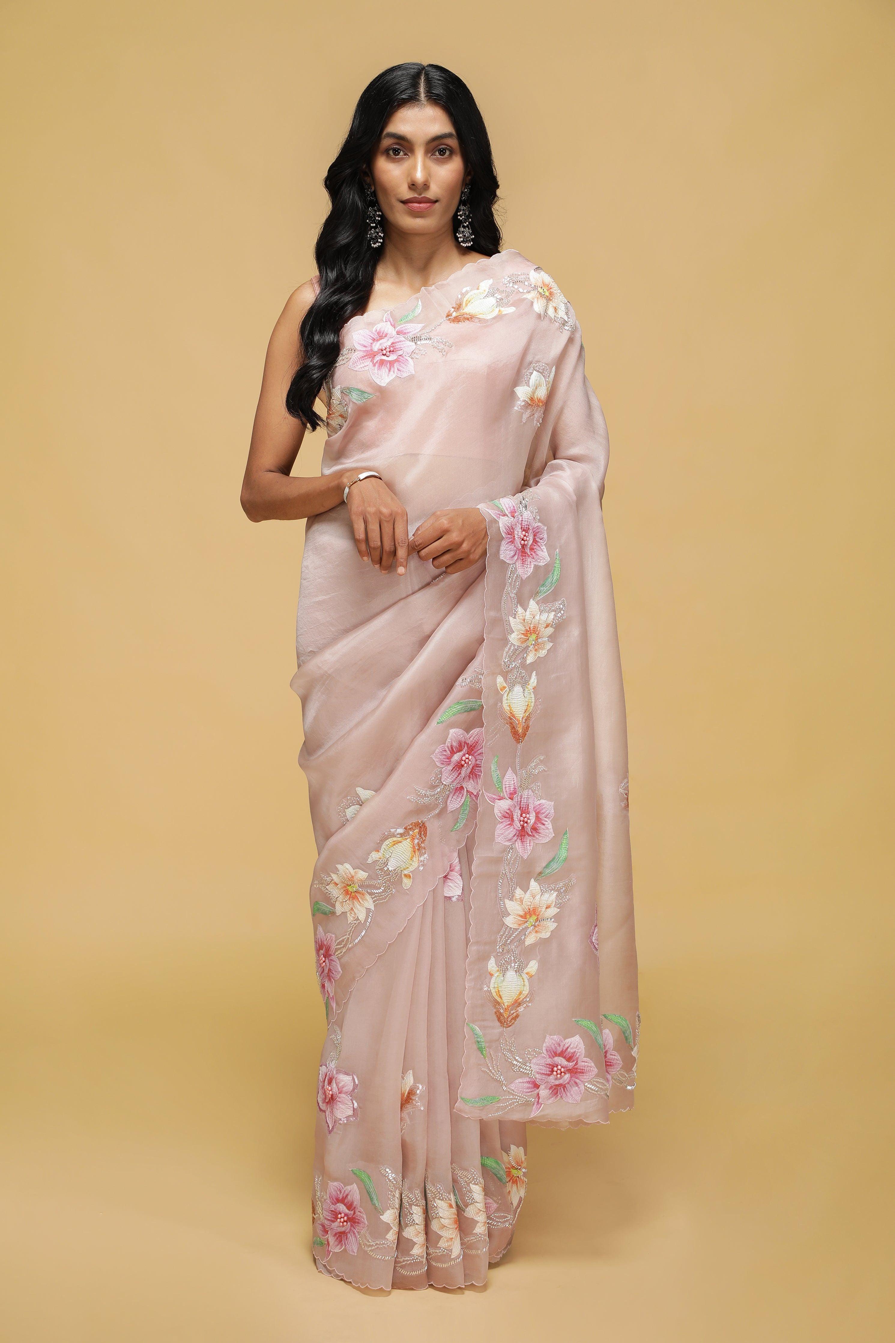 Light Pink Organza Saree with Multi-Color Thread & Bead Embroidery.
