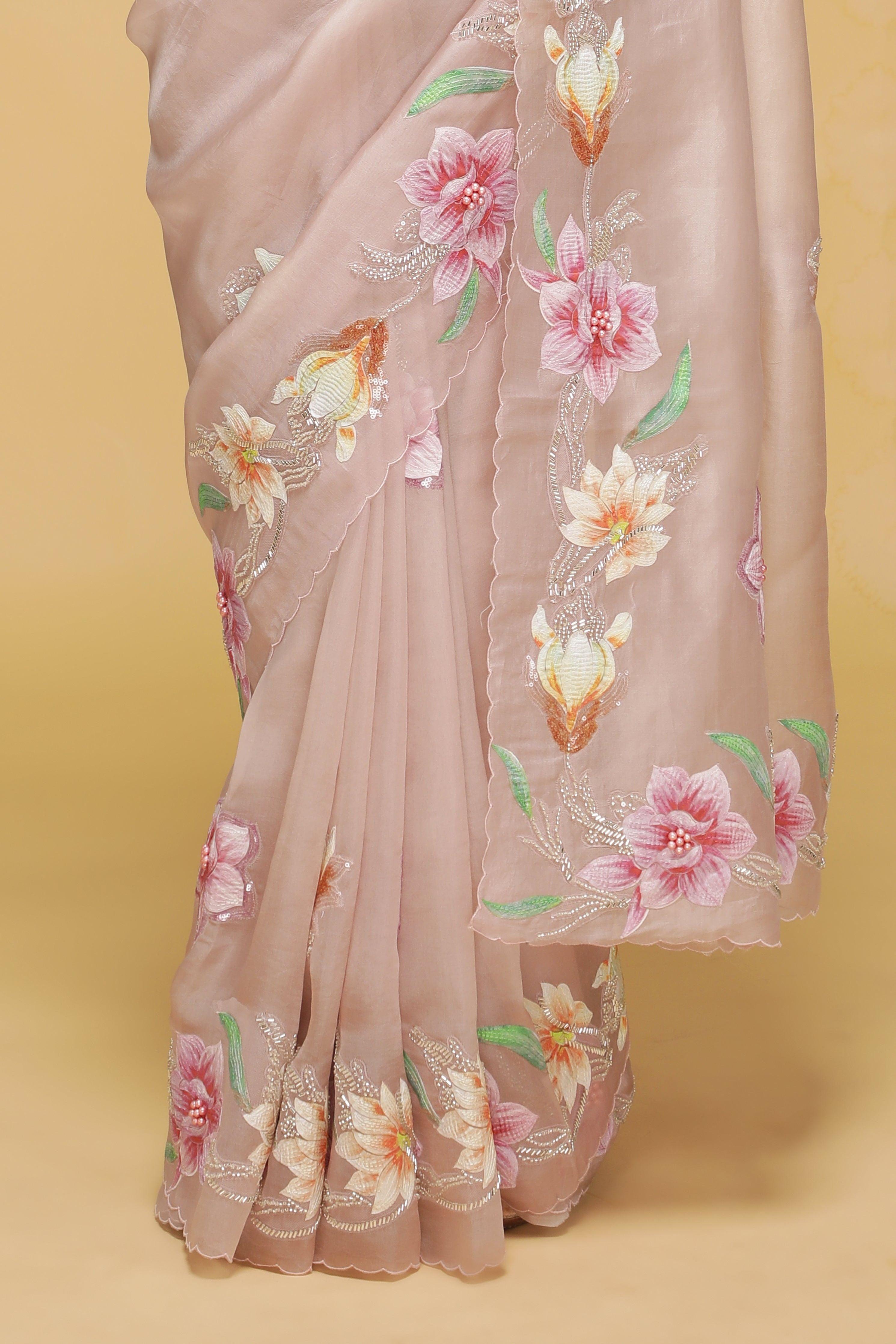 Light Pink Organza Saree with Multi-Color Thread & Bead Embroidery.