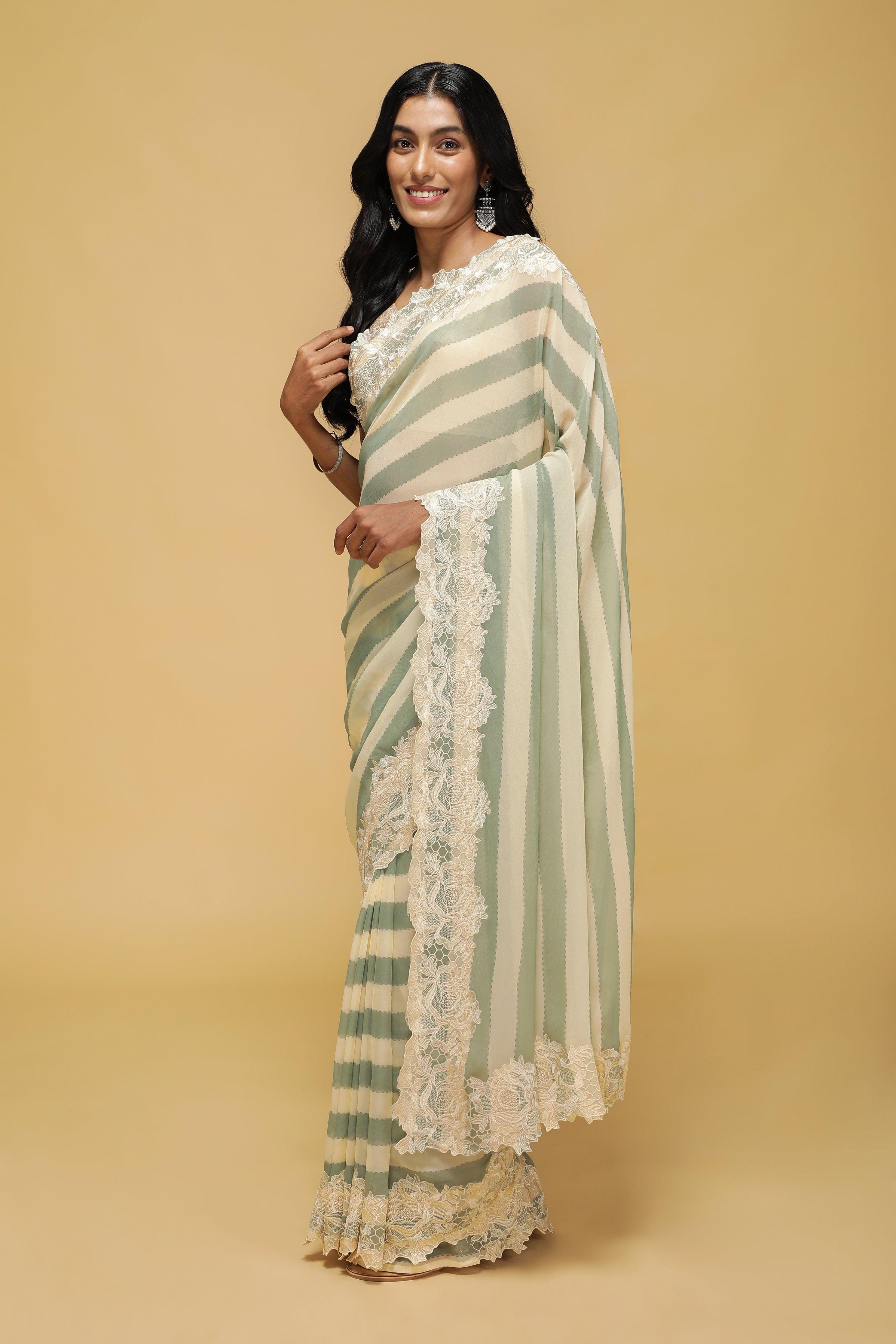 Green & Off-White Striped Georgette Saree with Thread Lace Border.