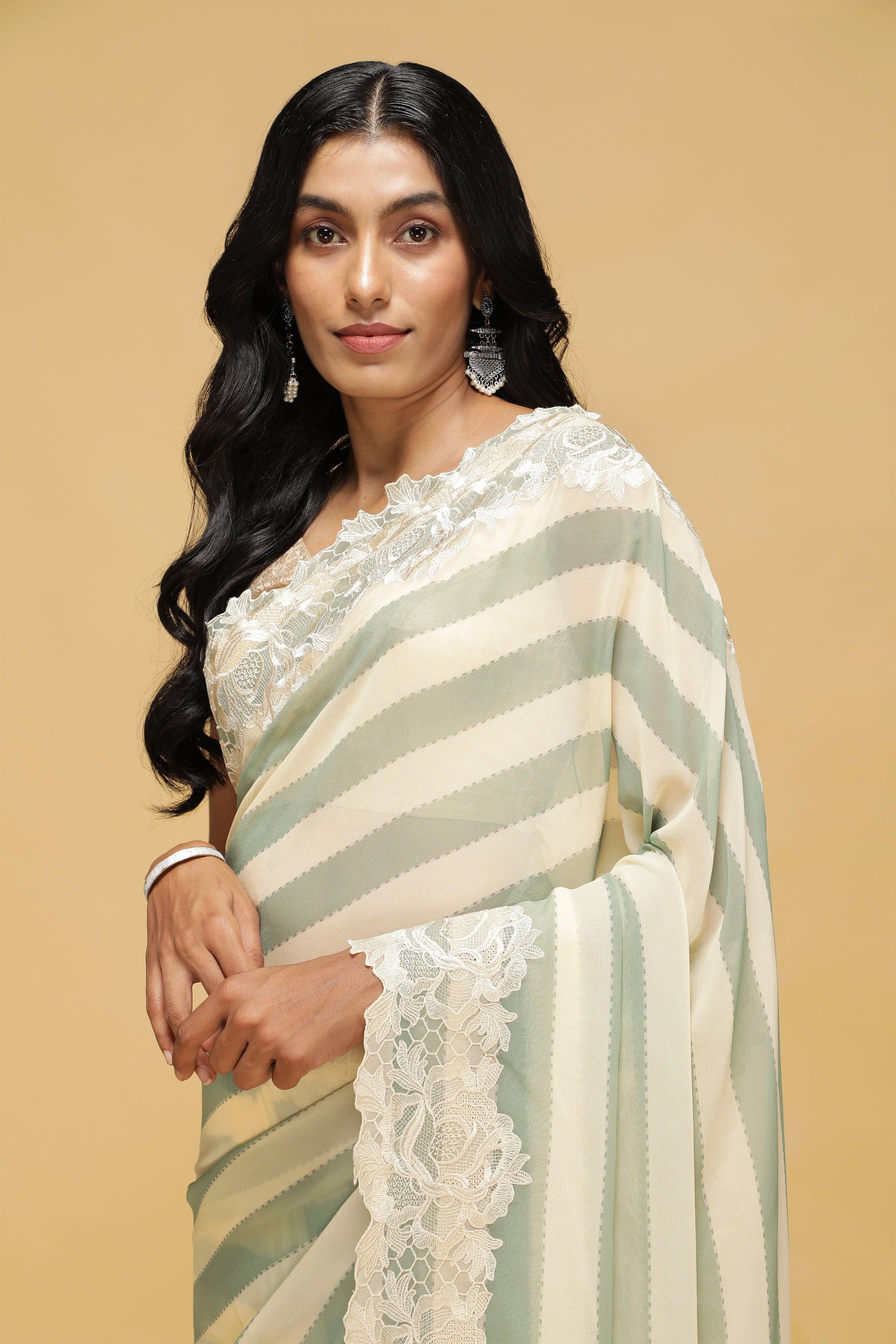 Green & Off-White Striped Georgette Saree with Thread Lace Border.