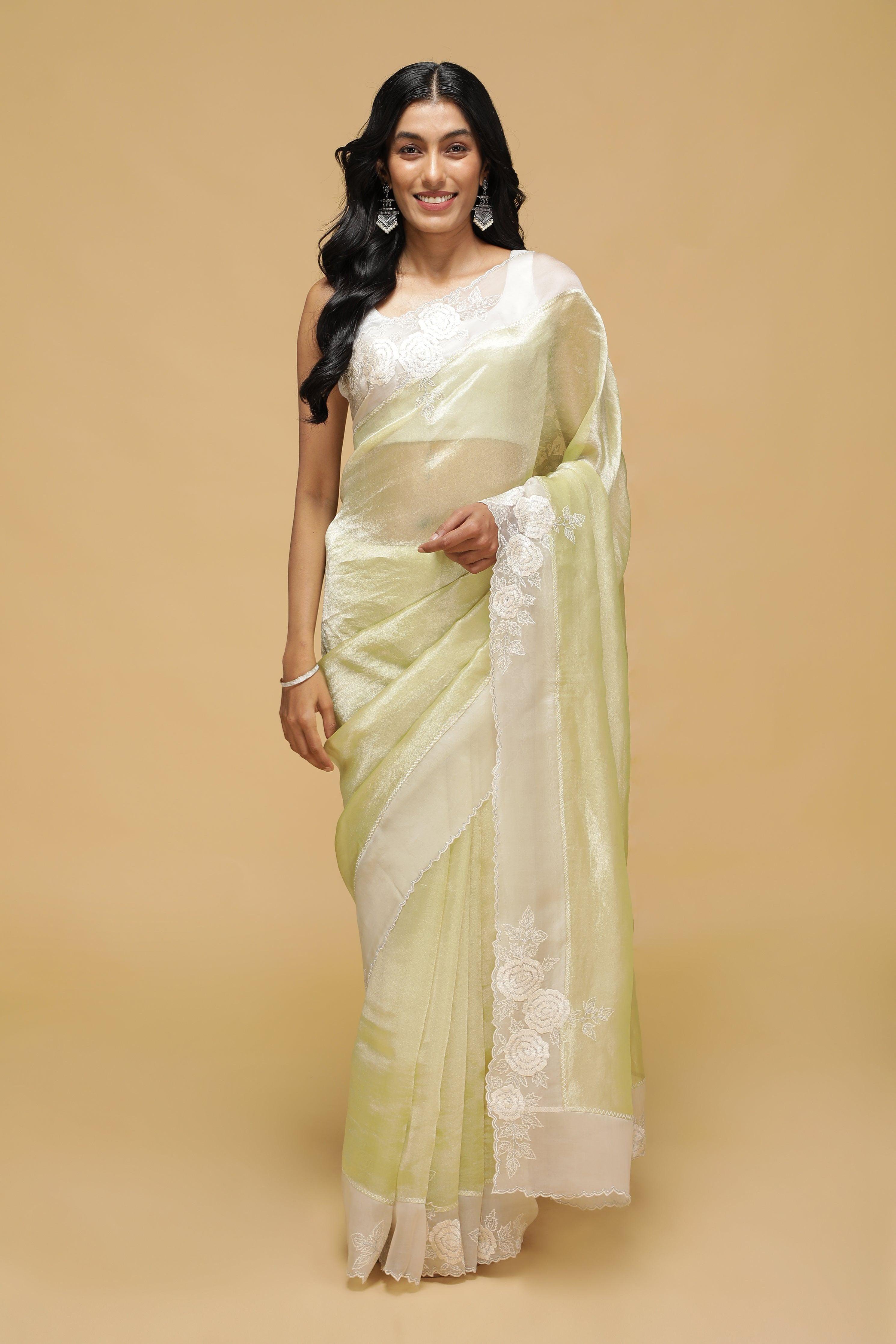 Sea Green Organza Saree with White Thread Border.