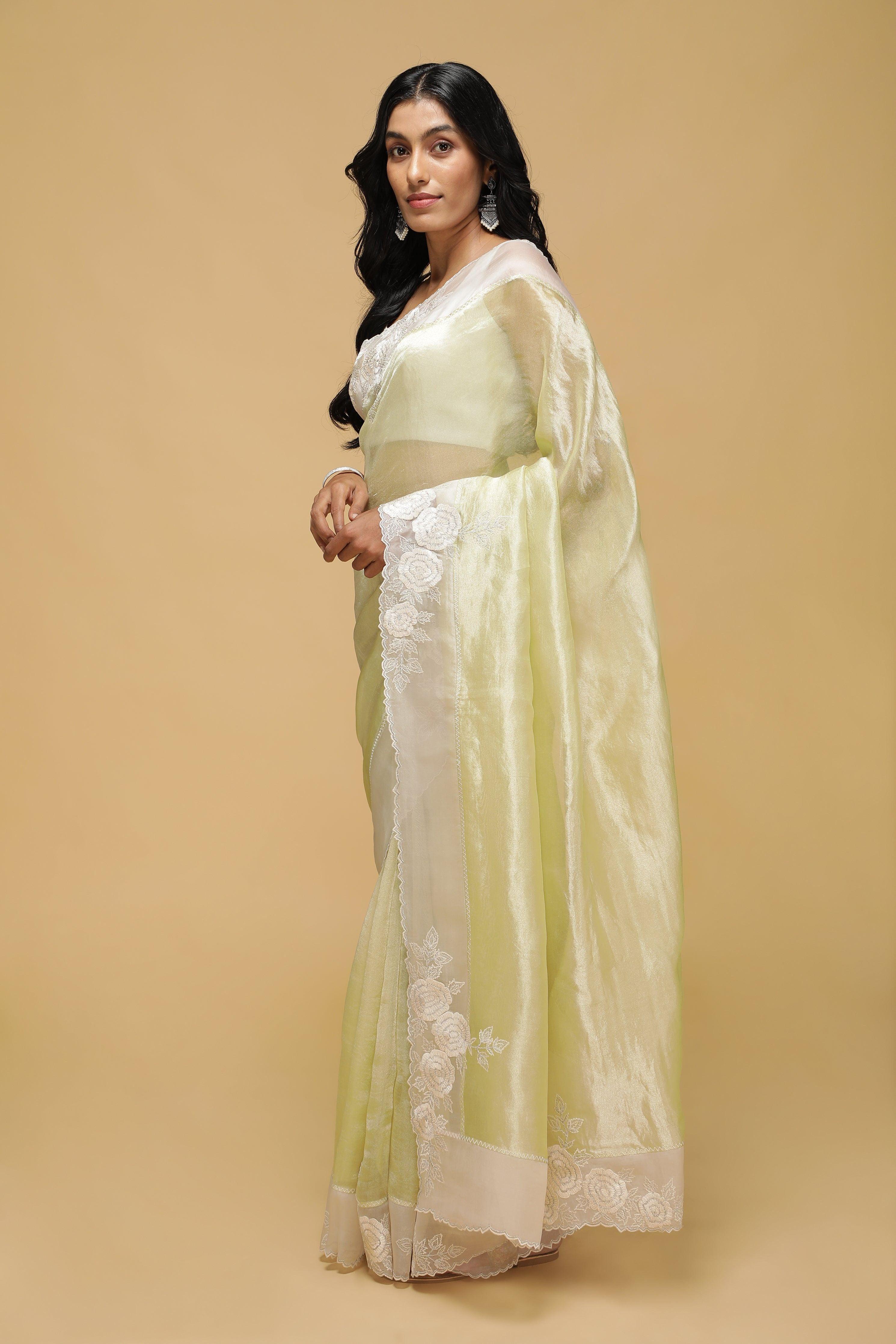 Sea Green Organza Saree with White Thread Border.
