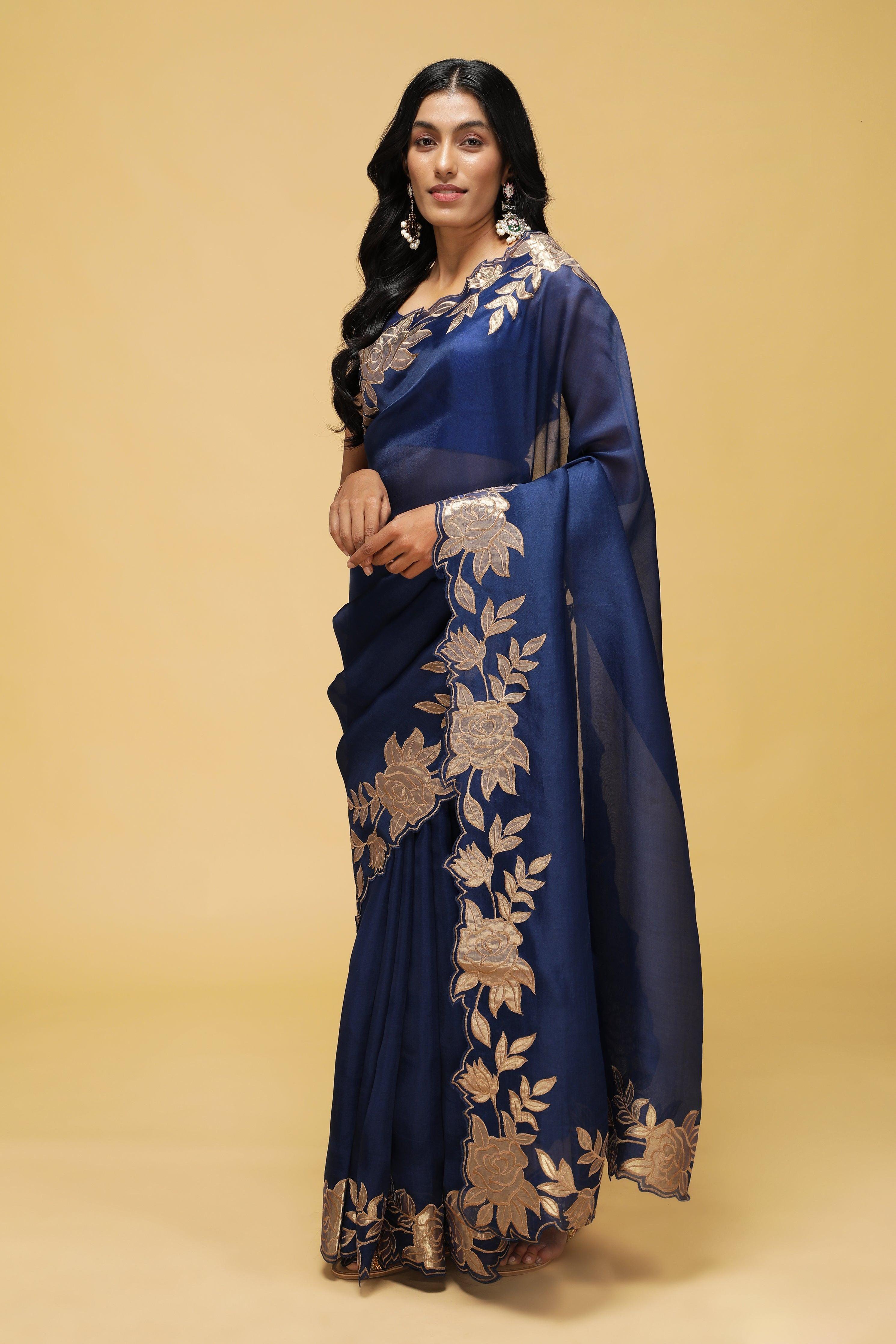 Royal Blue Organza Saree with Golden Floral Thread Work.
