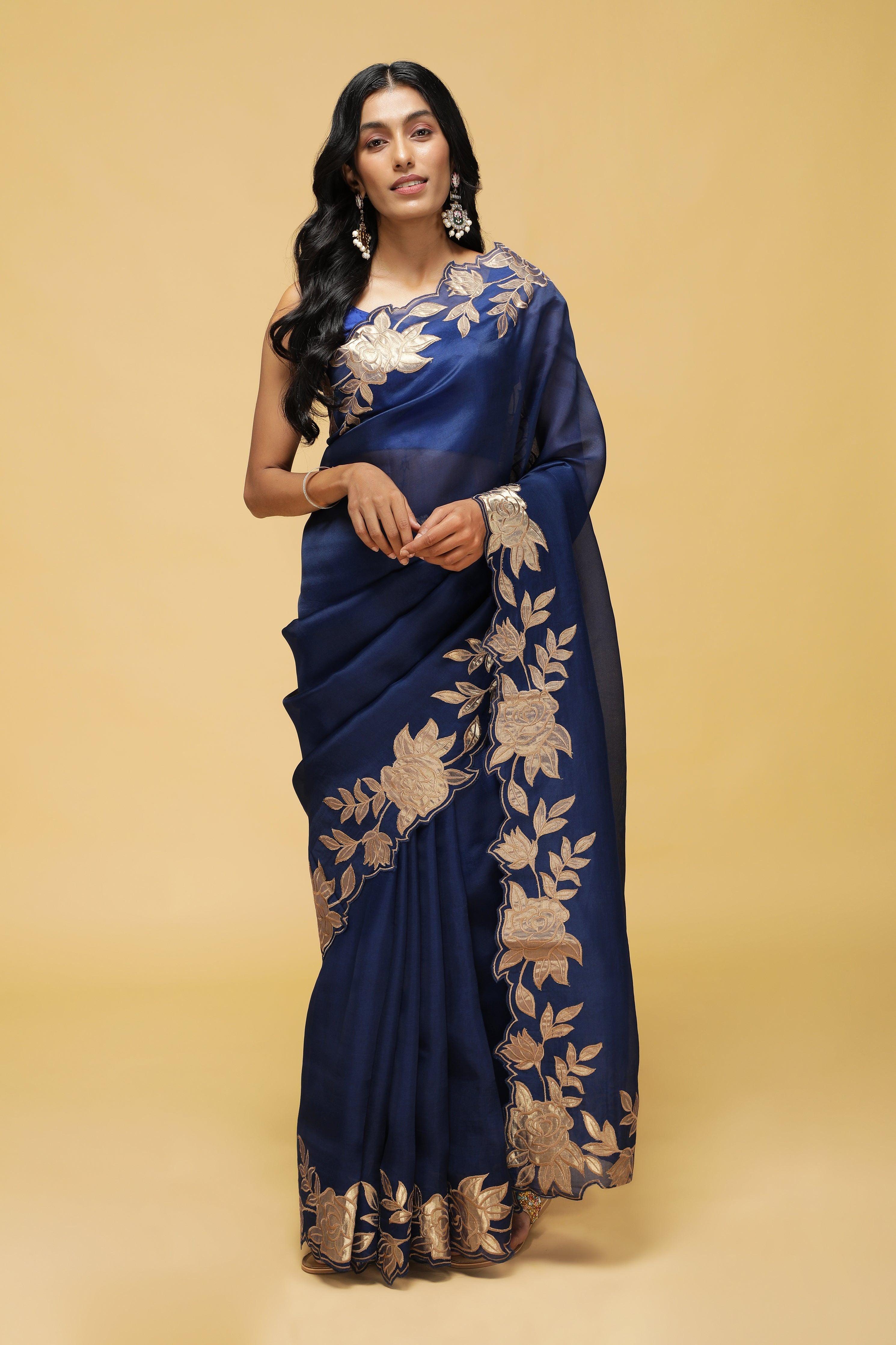 Royal Blue Organza Saree with Golden Floral Thread Work.