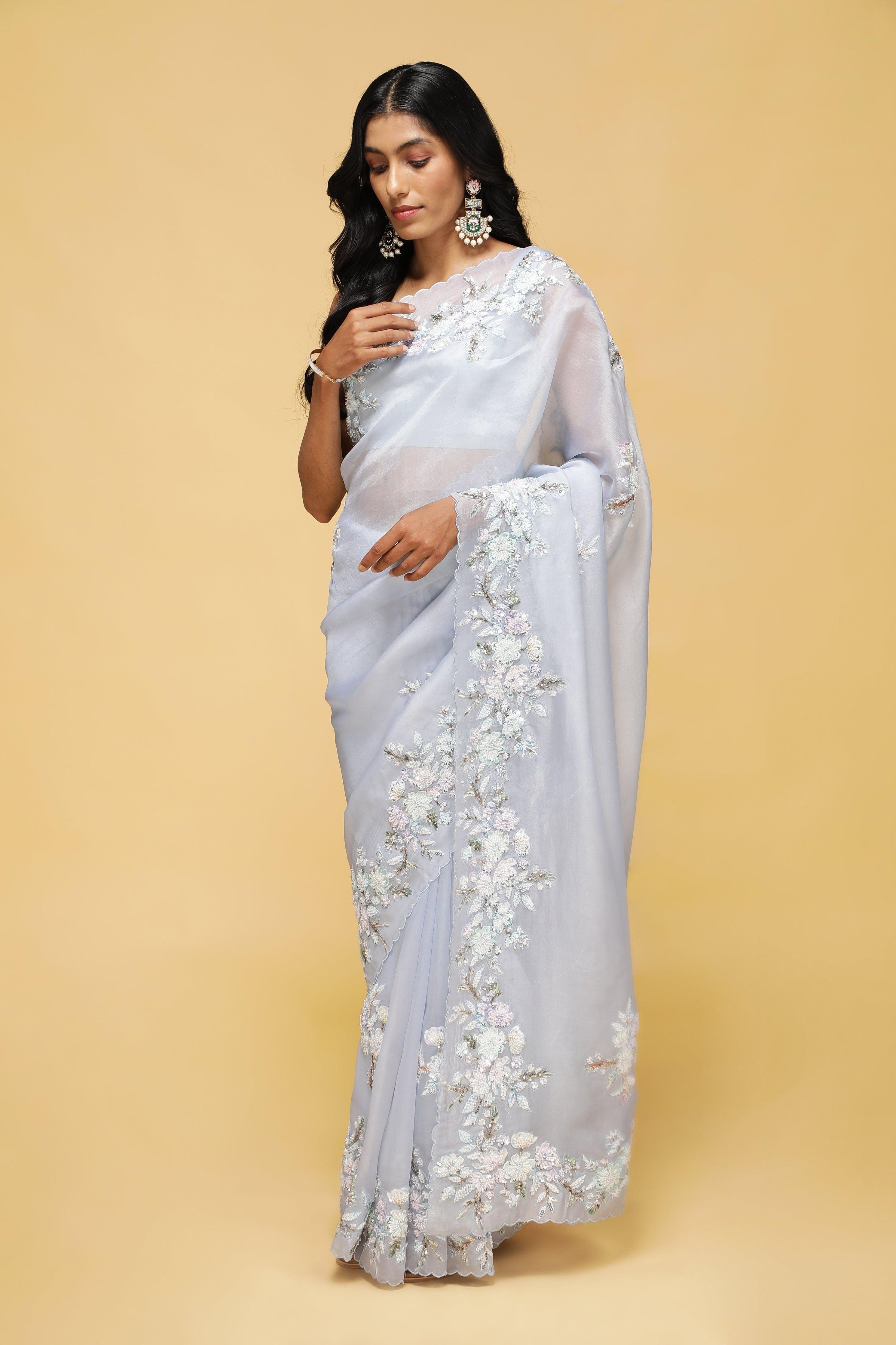 Sky Blue Organza Saree with Bead & Thread Floral Work.