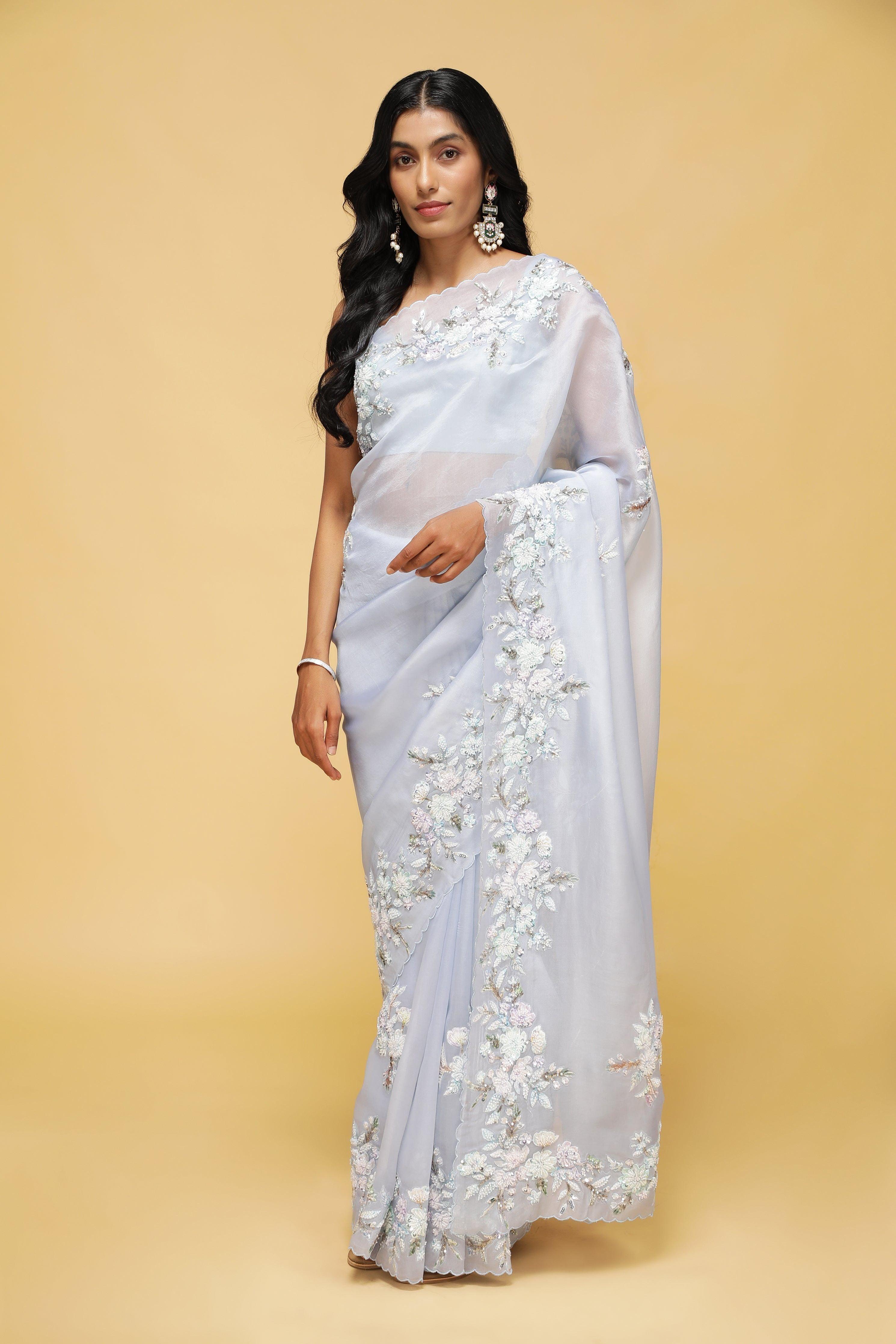 Sky Blue Organza Saree with Bead & Thread Floral Work.