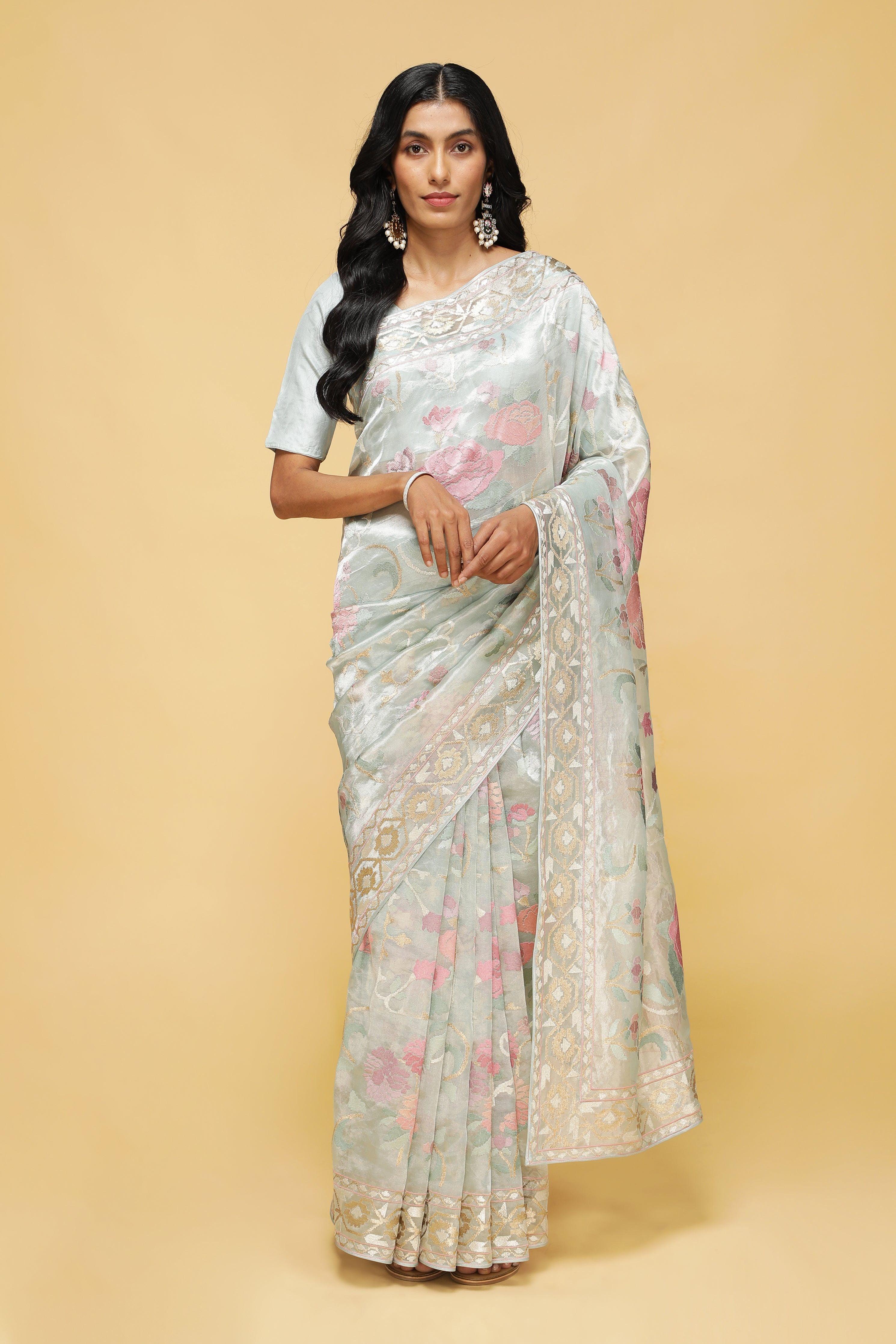 Sea Green Organza Tissue Saree with Floral Zari Weaving.