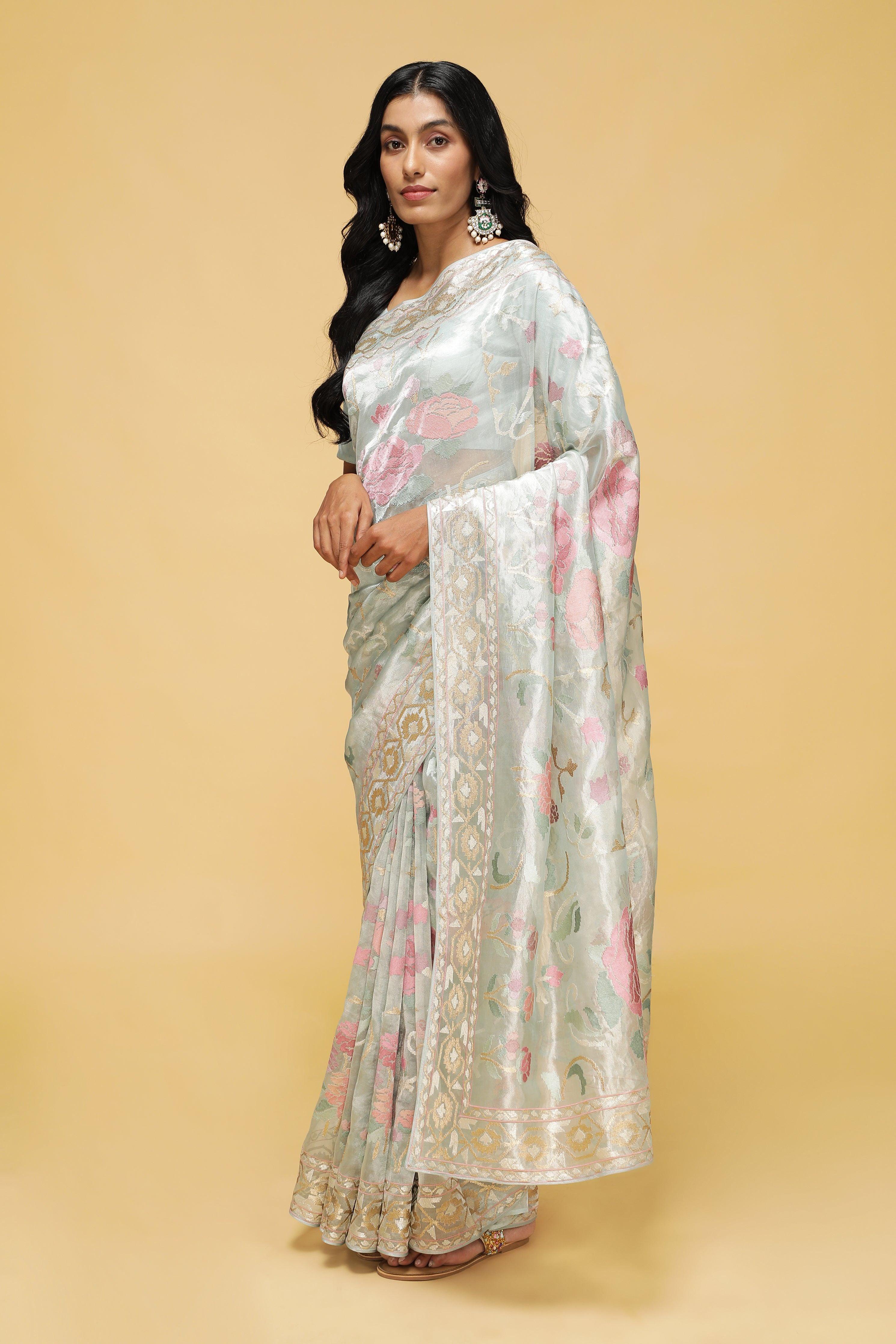 Sea Green Organza Tissue Saree with Floral Zari Weaving.