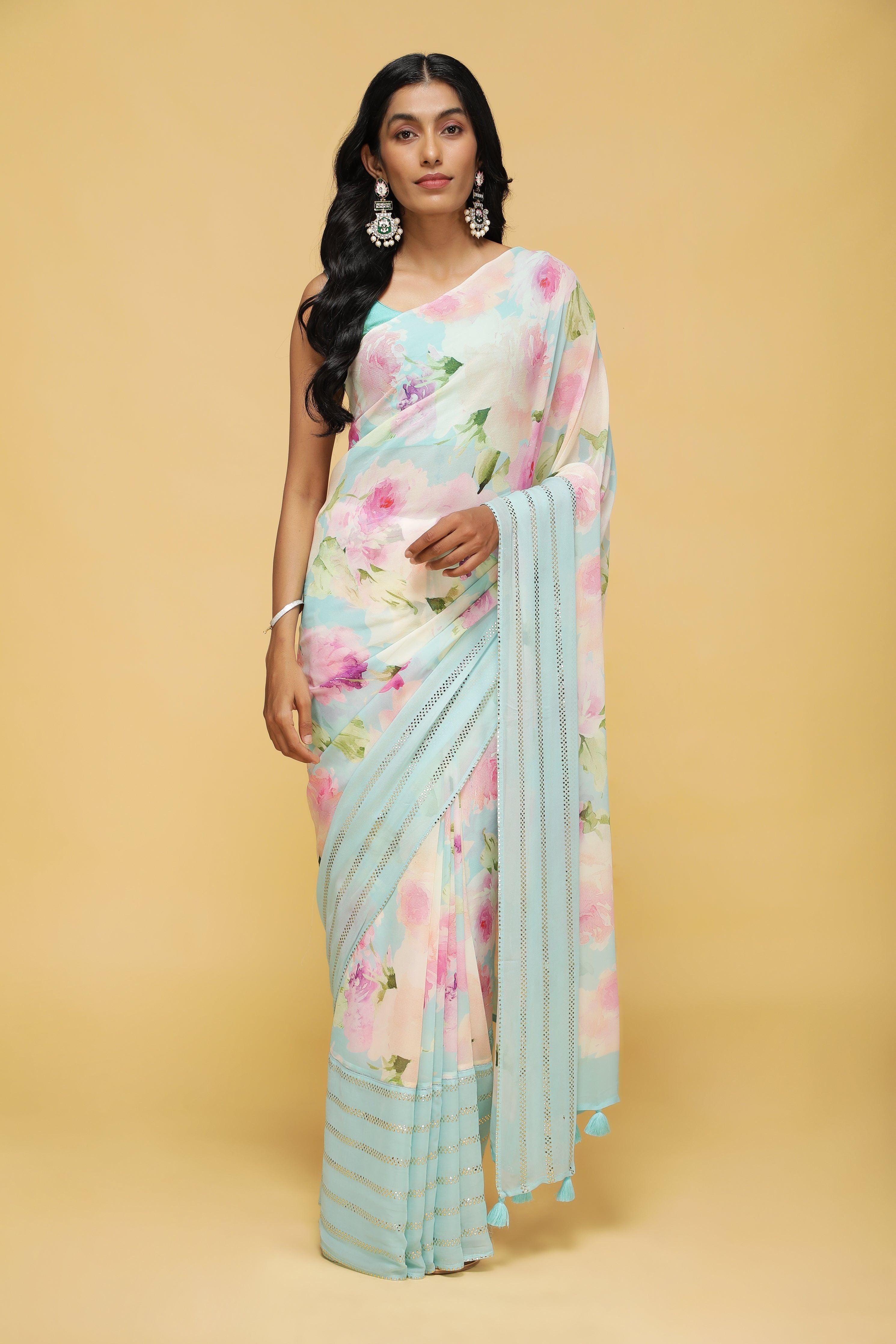 Blue & Pink Floral Georgette Saree with Sequin Border.