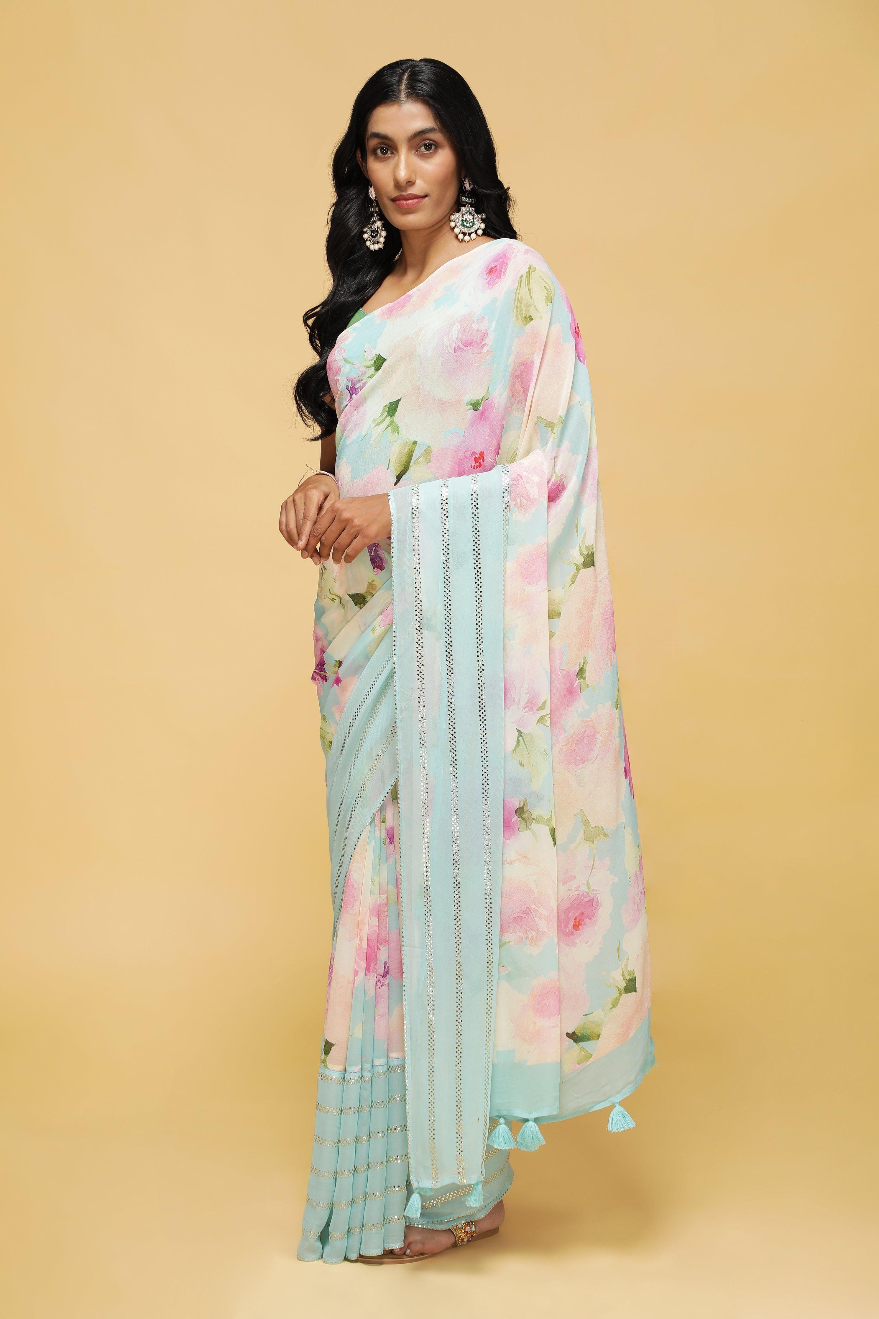 Blue & Pink Floral Georgette Saree with Sequin Border.