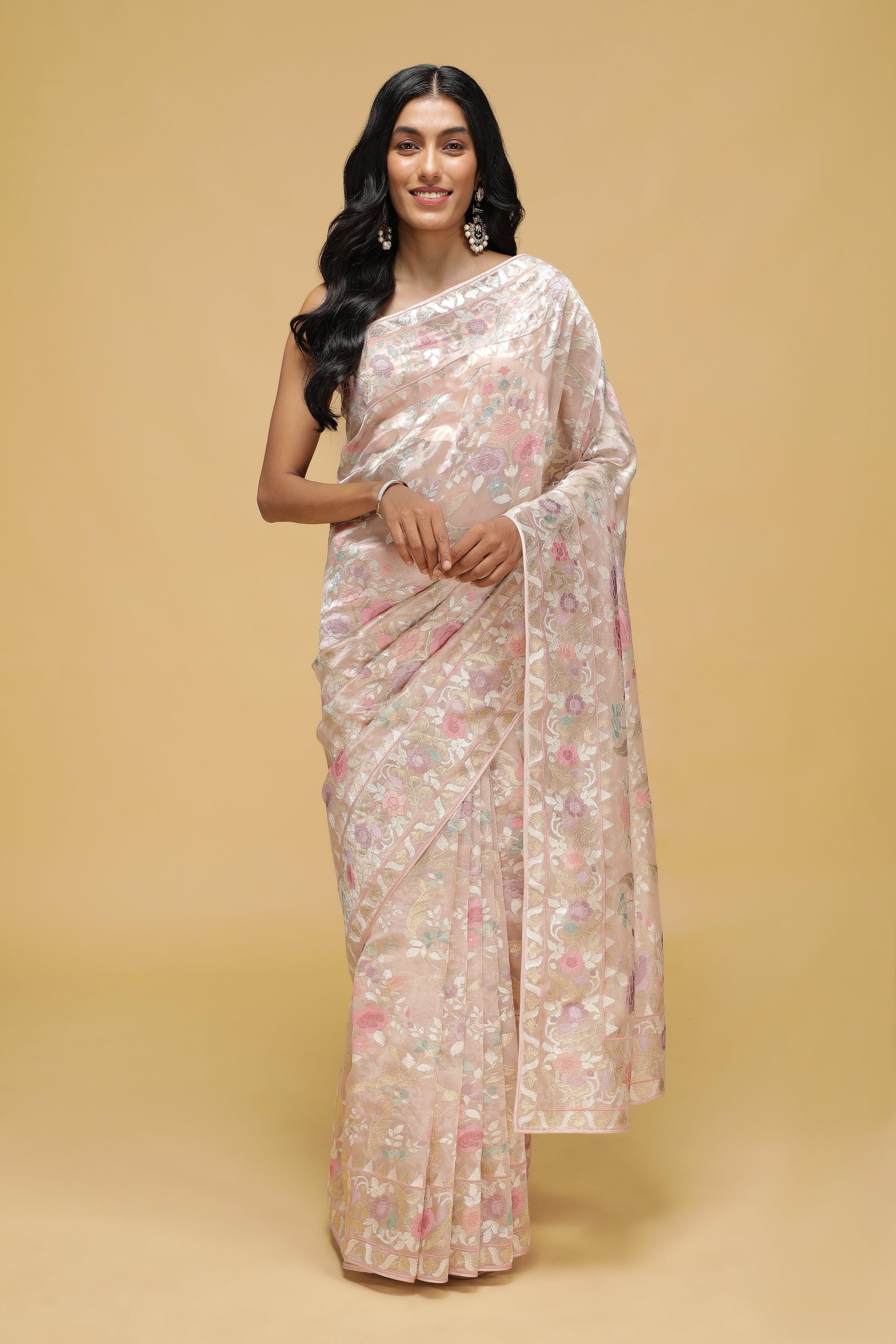 Peach Organza Tissue Saree with Zari & Thread Floral Work.