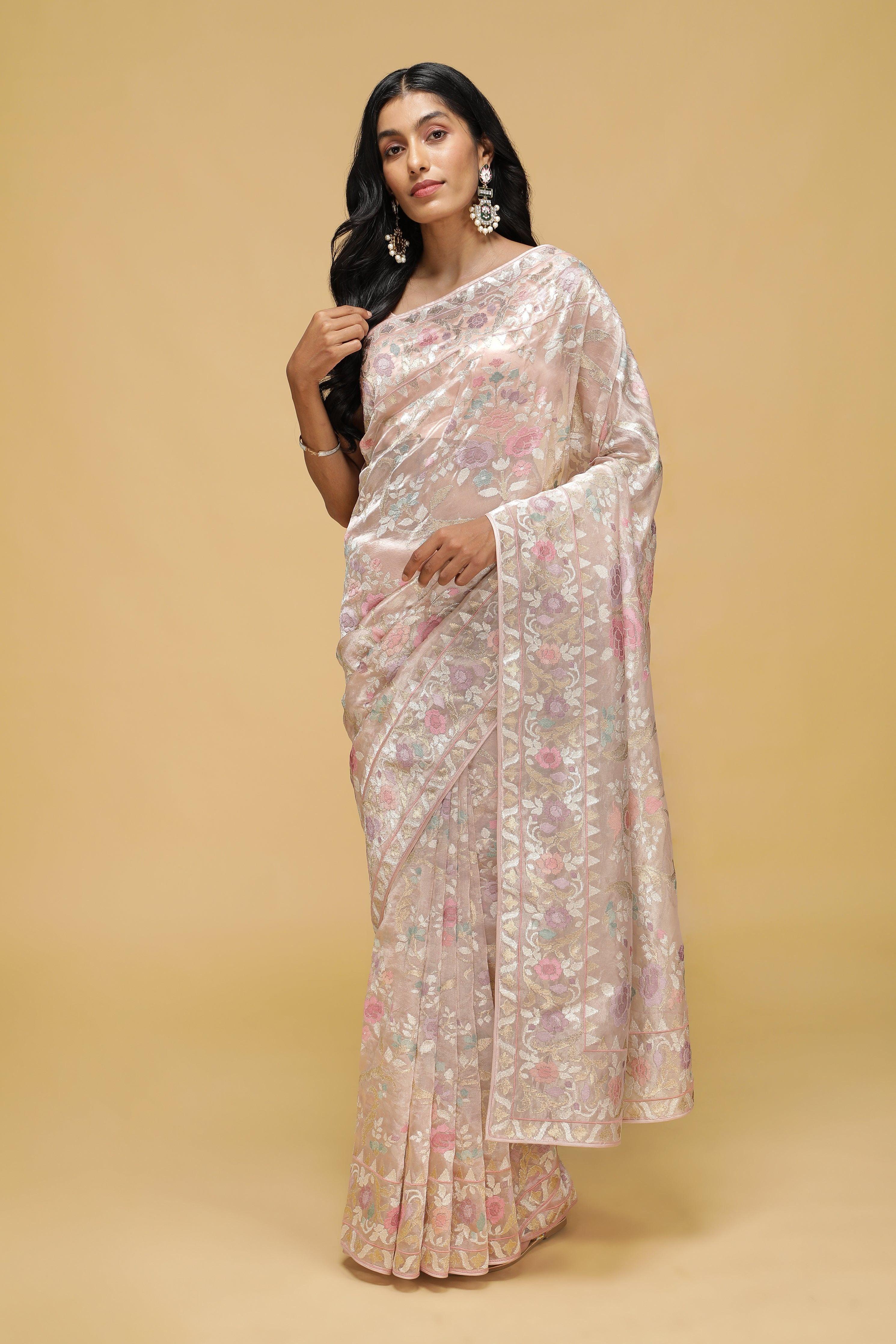 Peach Organza Tissue Saree with Zari & Thread Floral Work.