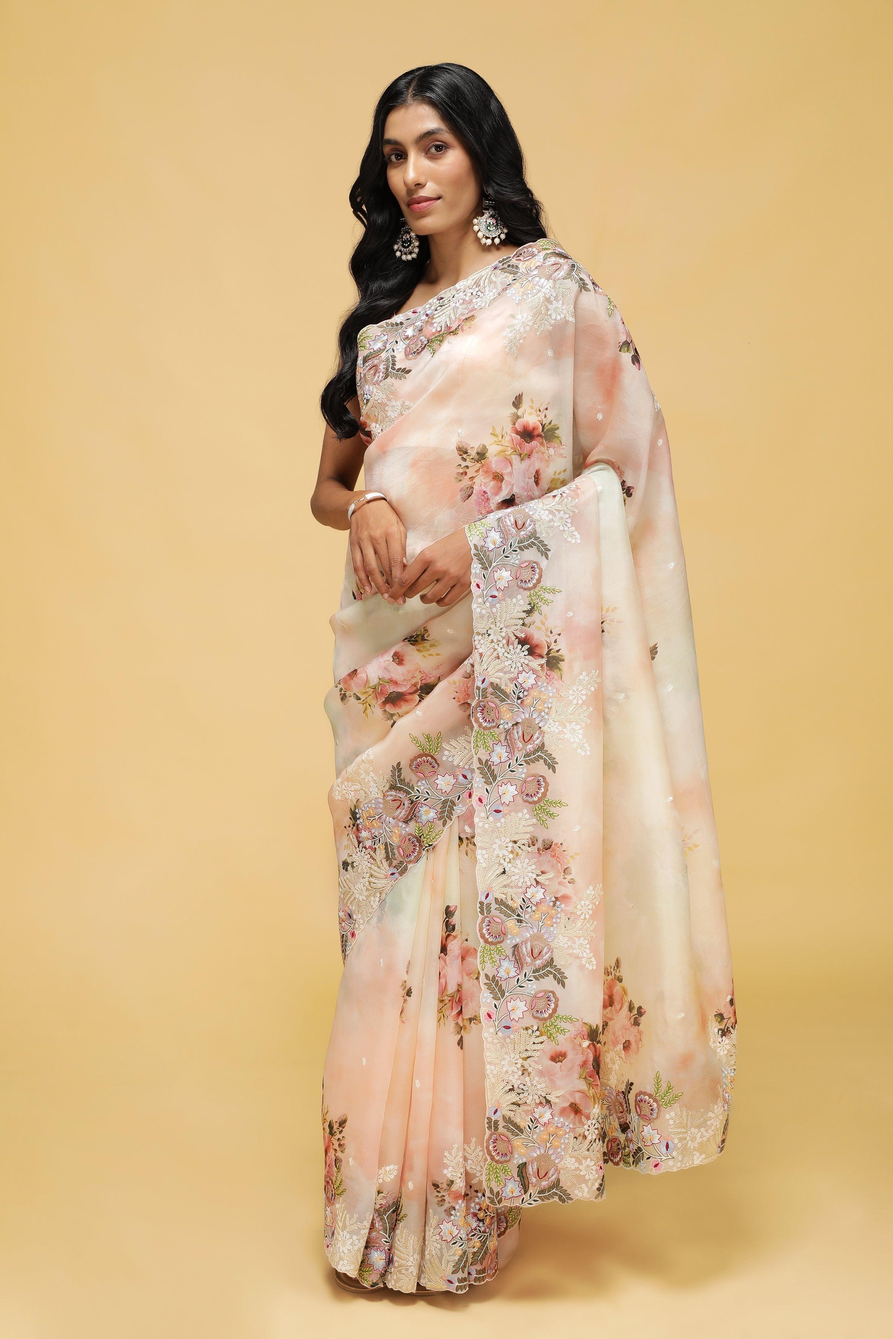 Peach-Green Organza Saree with Floral Thread Embroidery.