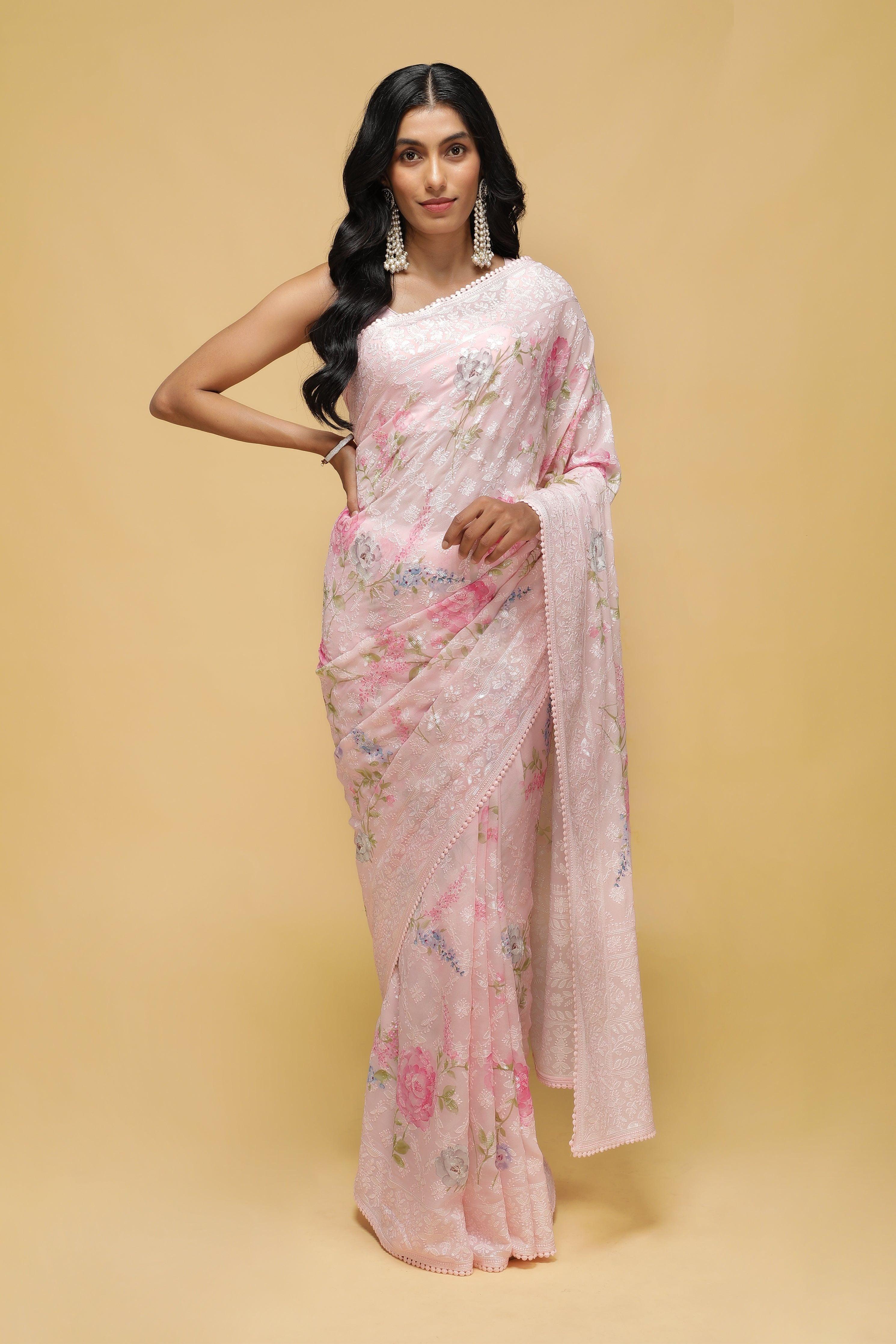 Baby Pink Georgette Saree with Sequin Floral Print.