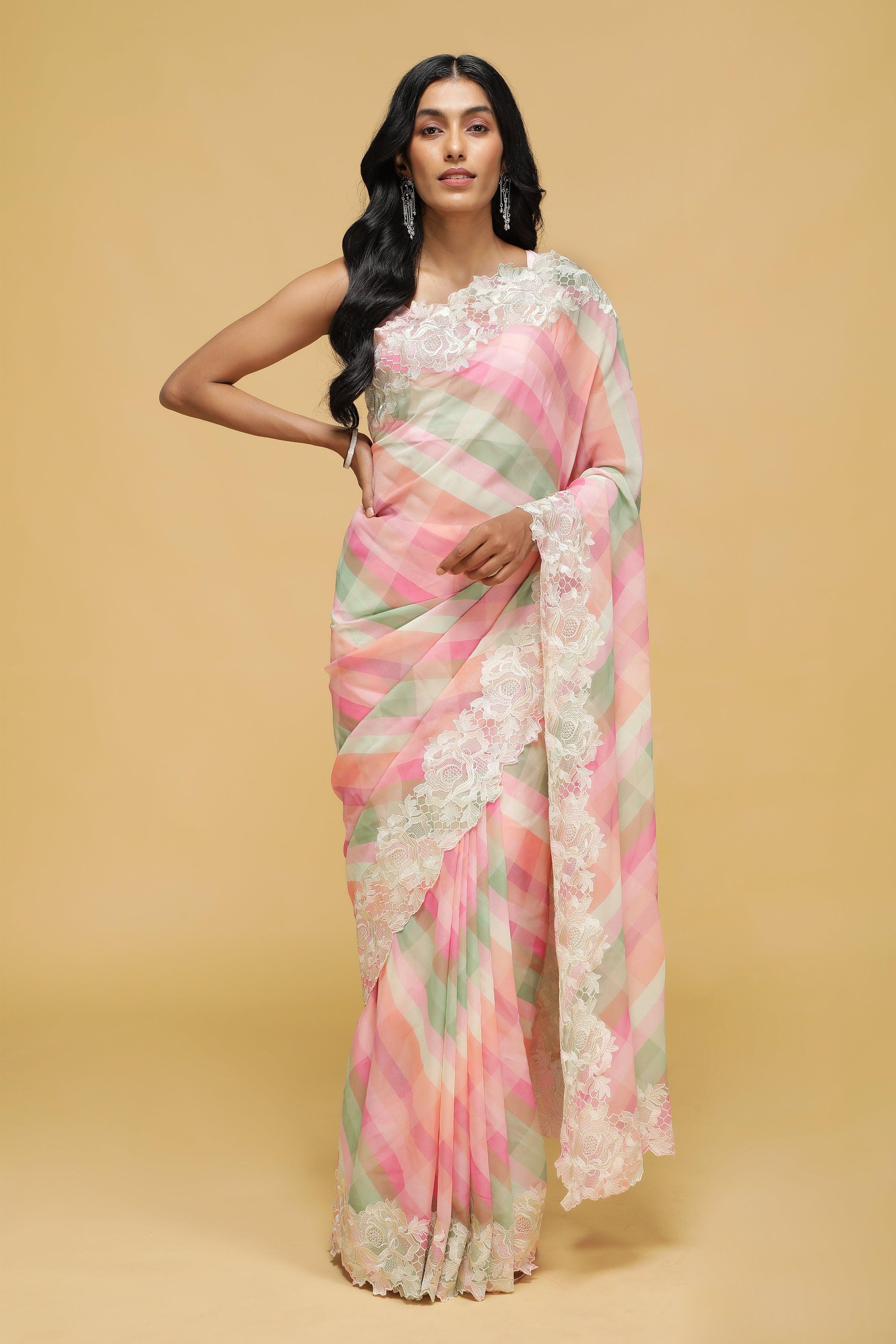 Peach-Pink Multicolour Georgette Saree with Thread Lace Border.