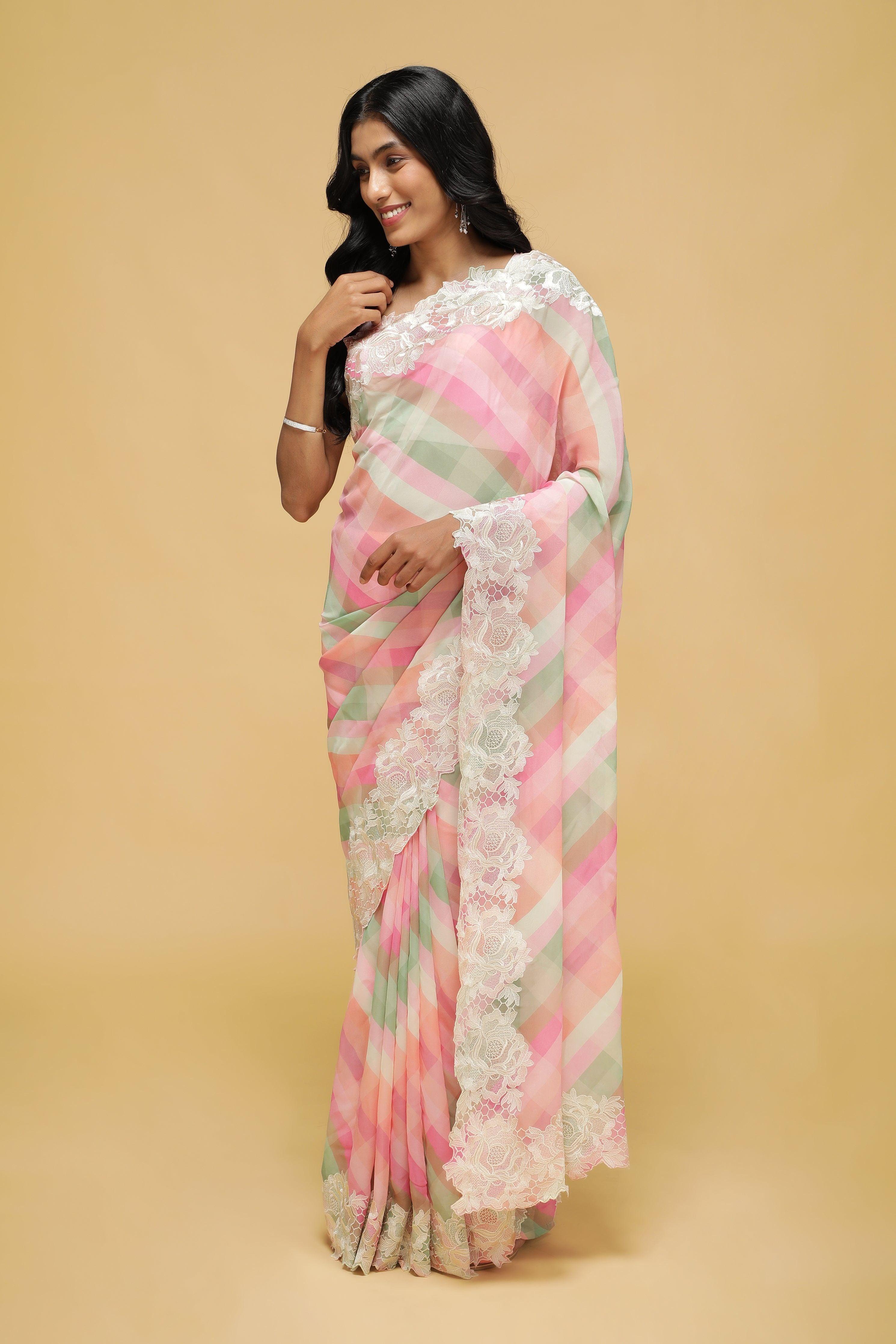 Peach-Pink Multicolour Georgette Saree with Thread Lace Border.
