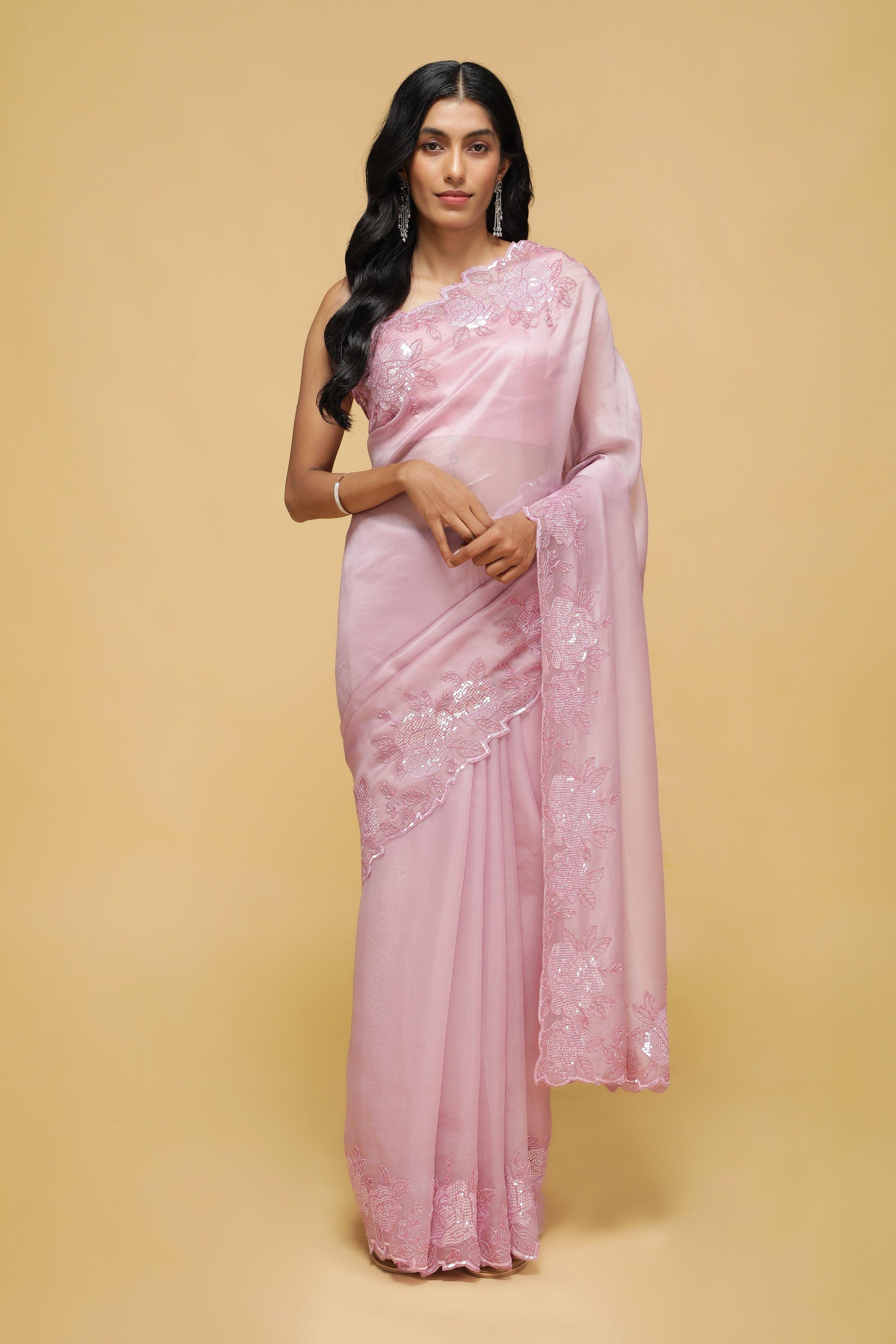 Light Pink Organza Saree with Sequin Floral Border.