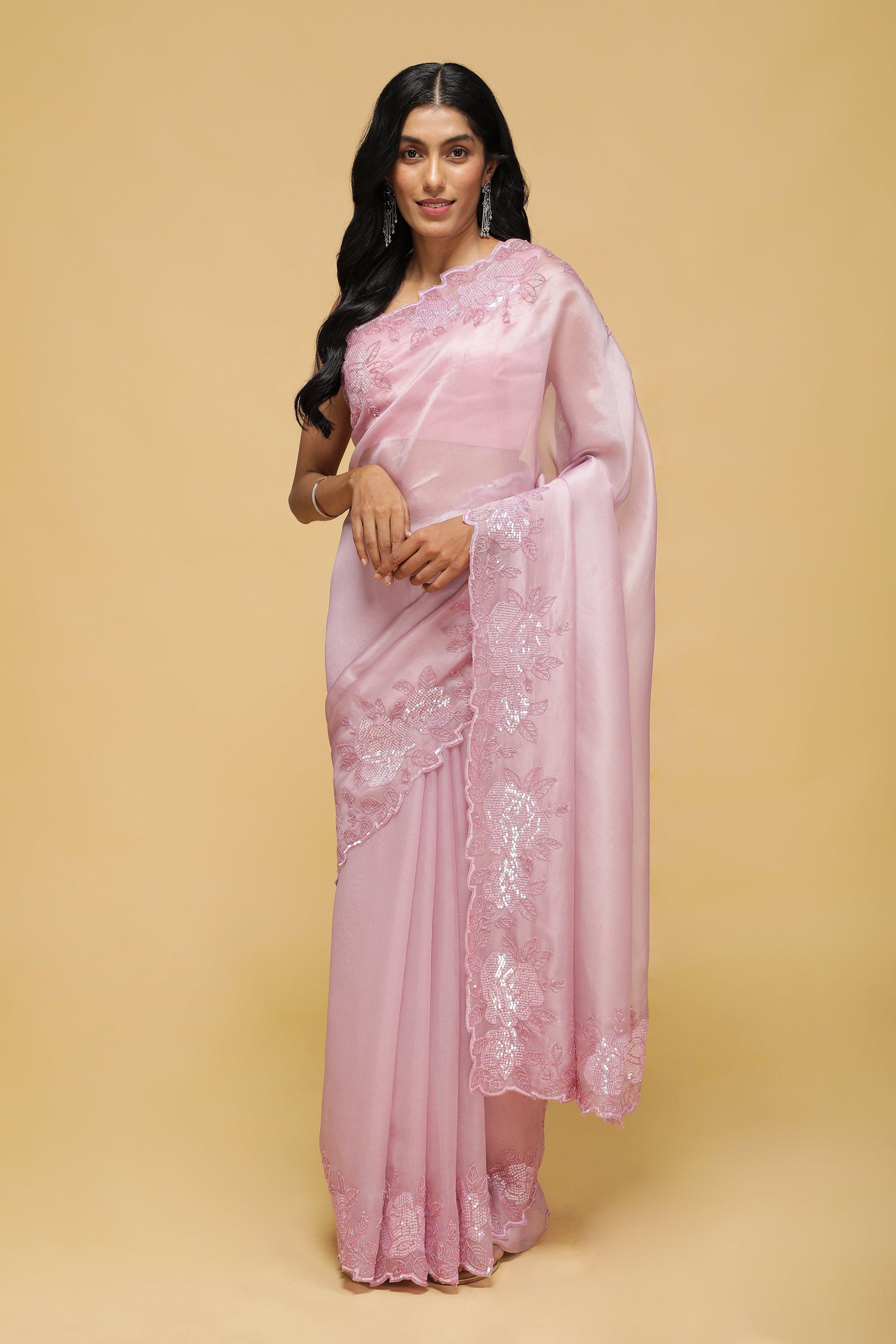 Light Pink Organza Saree with Sequin Floral Border.