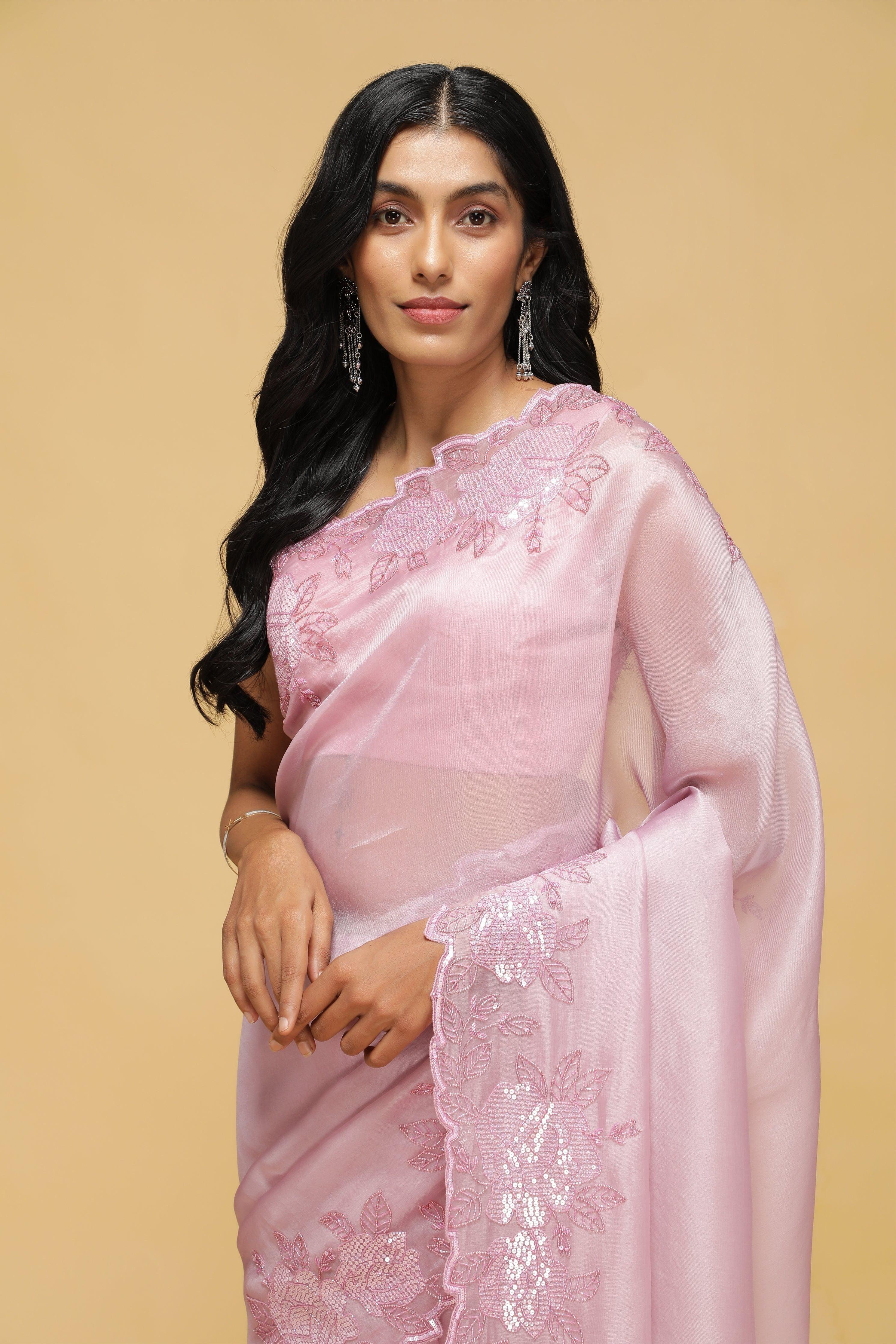 Light Pink Organza Saree with Sequin Floral Border.