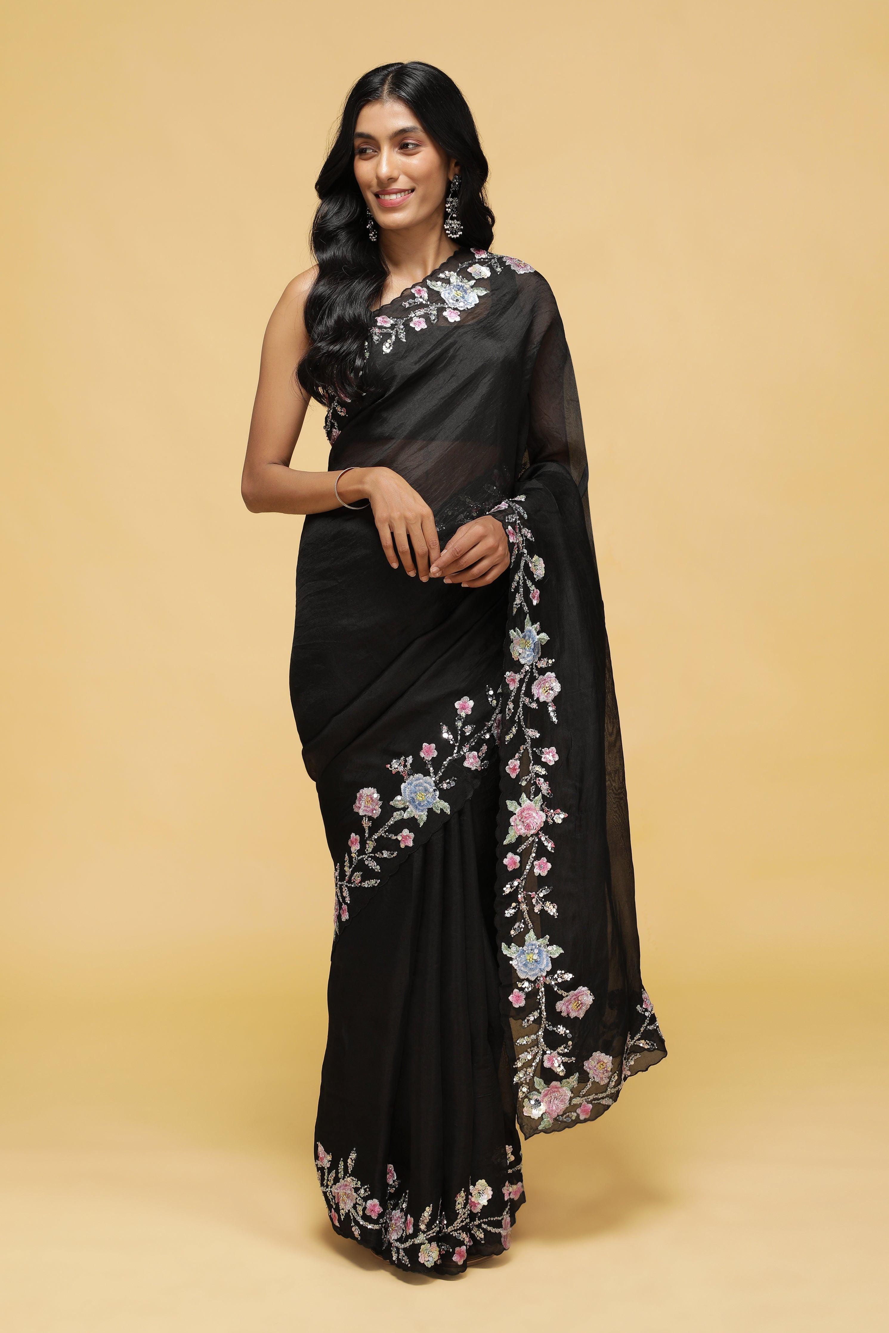 Black Organza Saree with Floral Thread & Sequin Border.