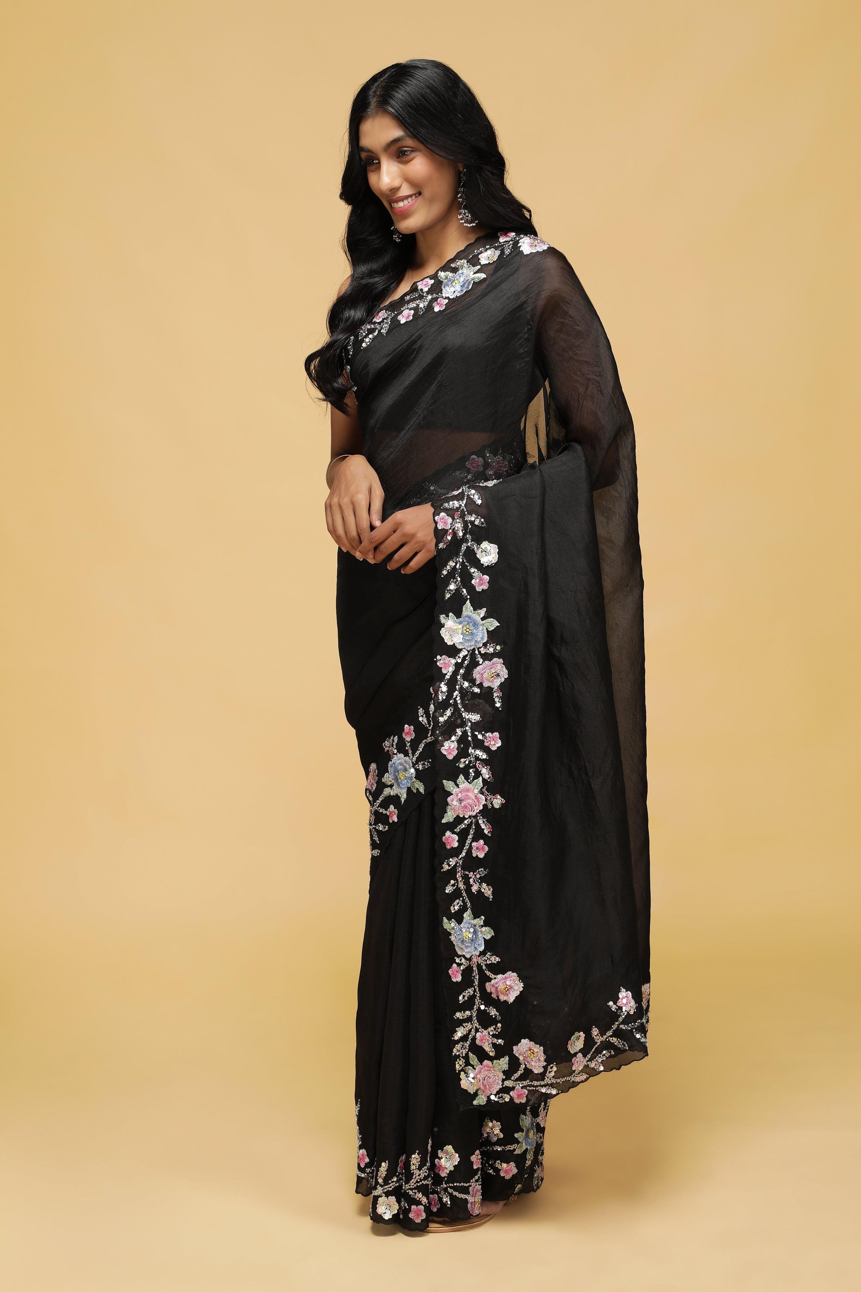Black Organza Saree with Floral Thread & Sequin Border.