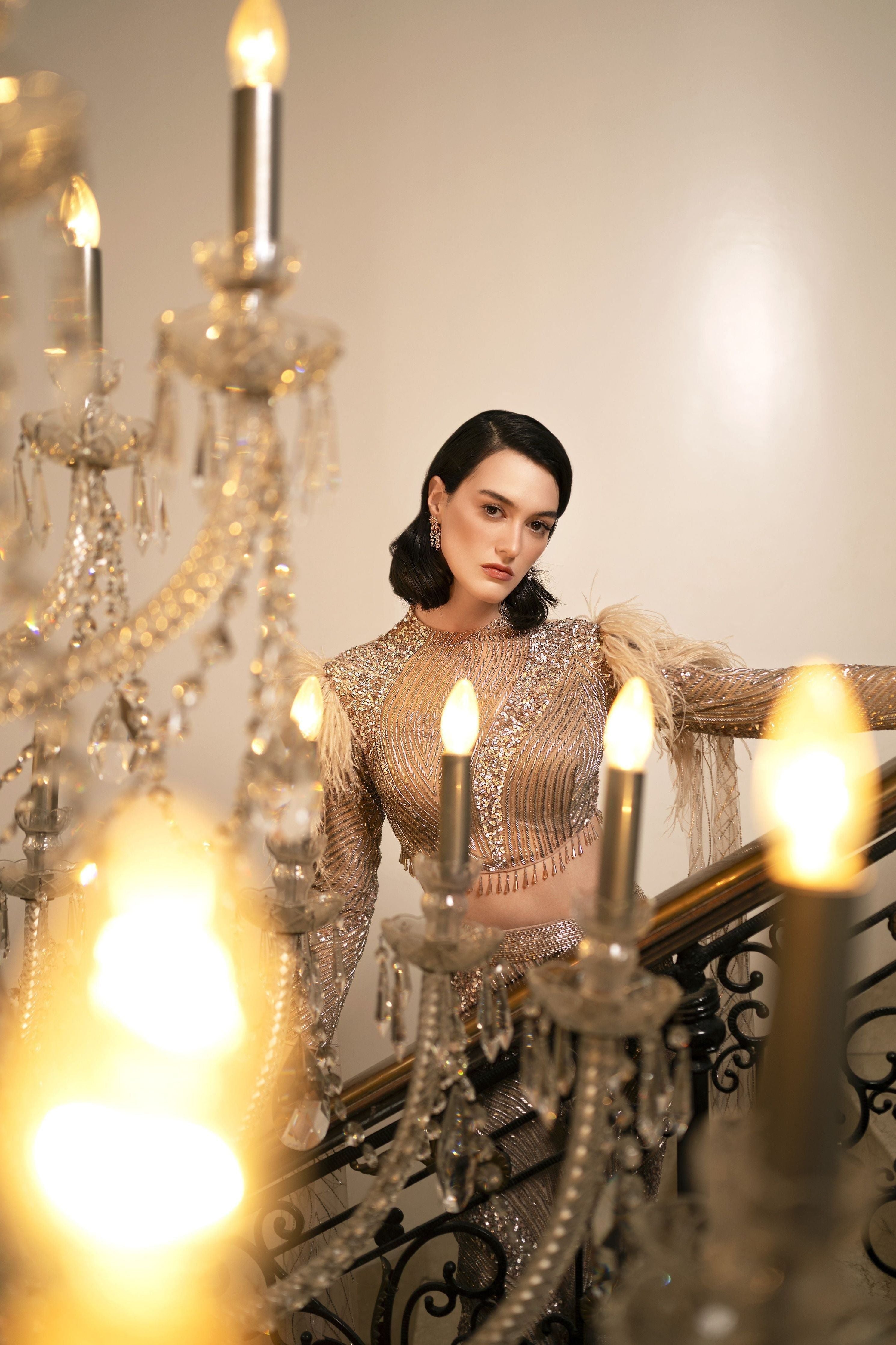 Glamorous Embellished skirt and blouse with Feathered Sleeves - Mokshaa