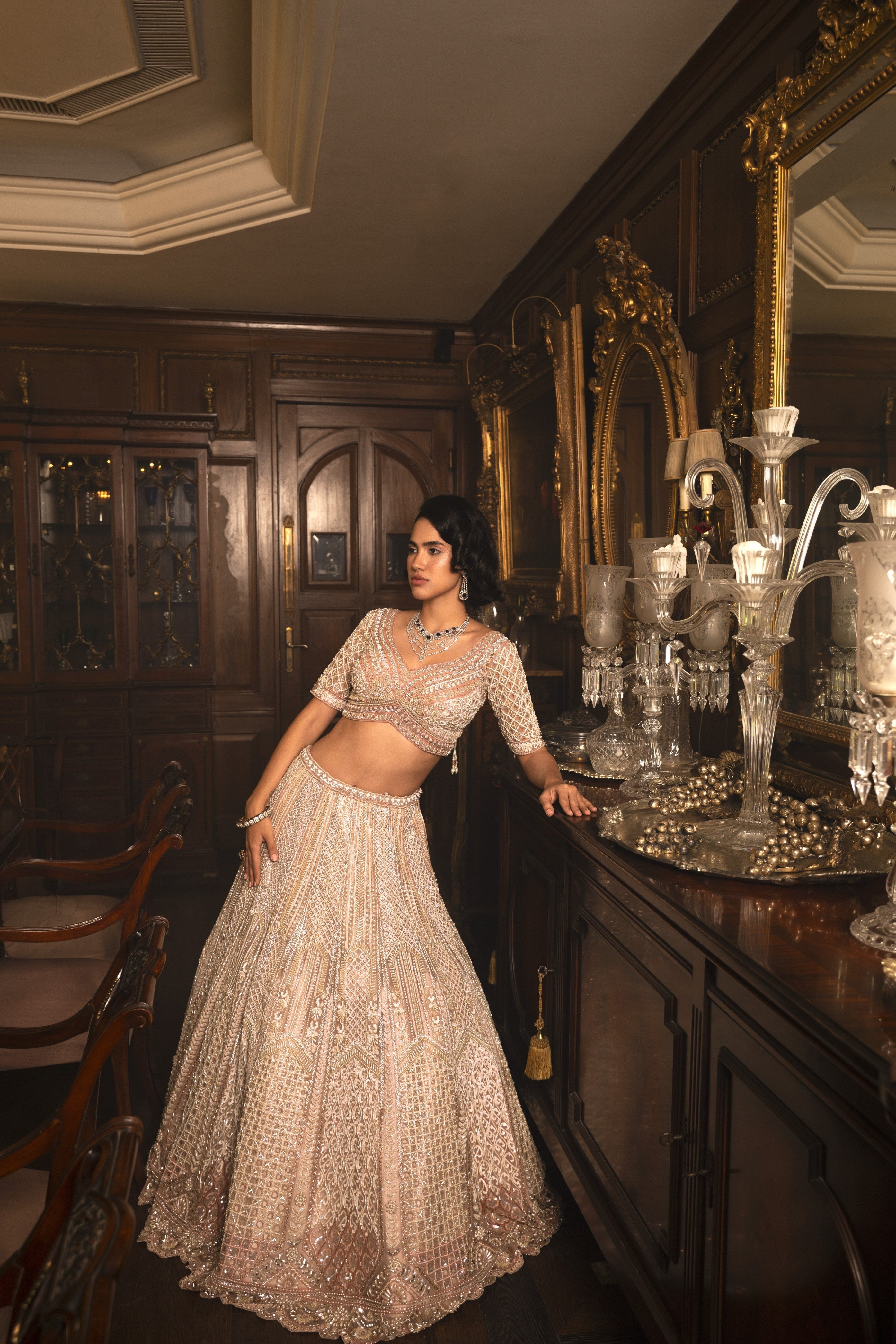 Stunning Rose Gold Net Lehenga Set - Mokshaa