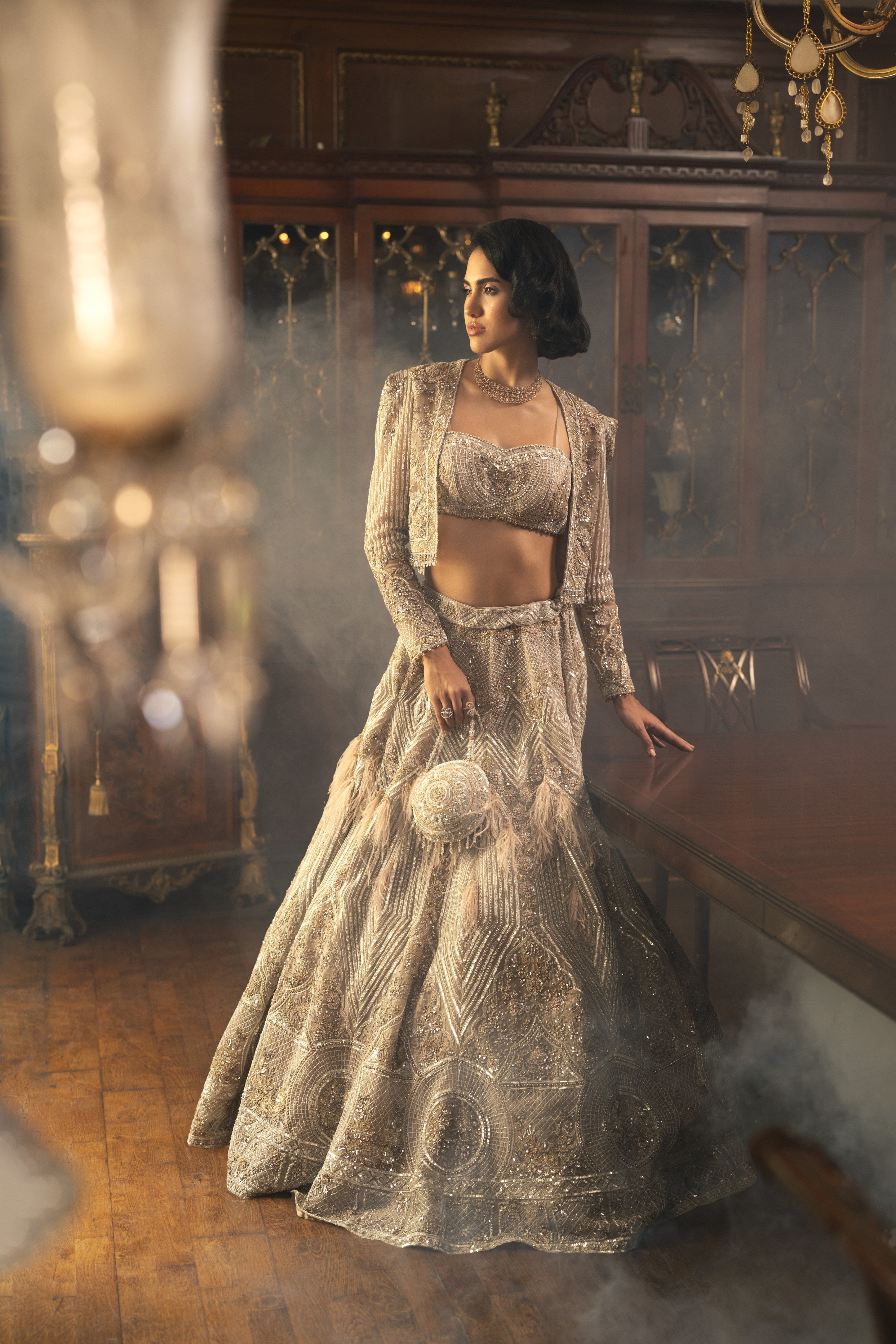 Exquisite Shimmery Champagne Organza Lehenga Set - Mokshaa