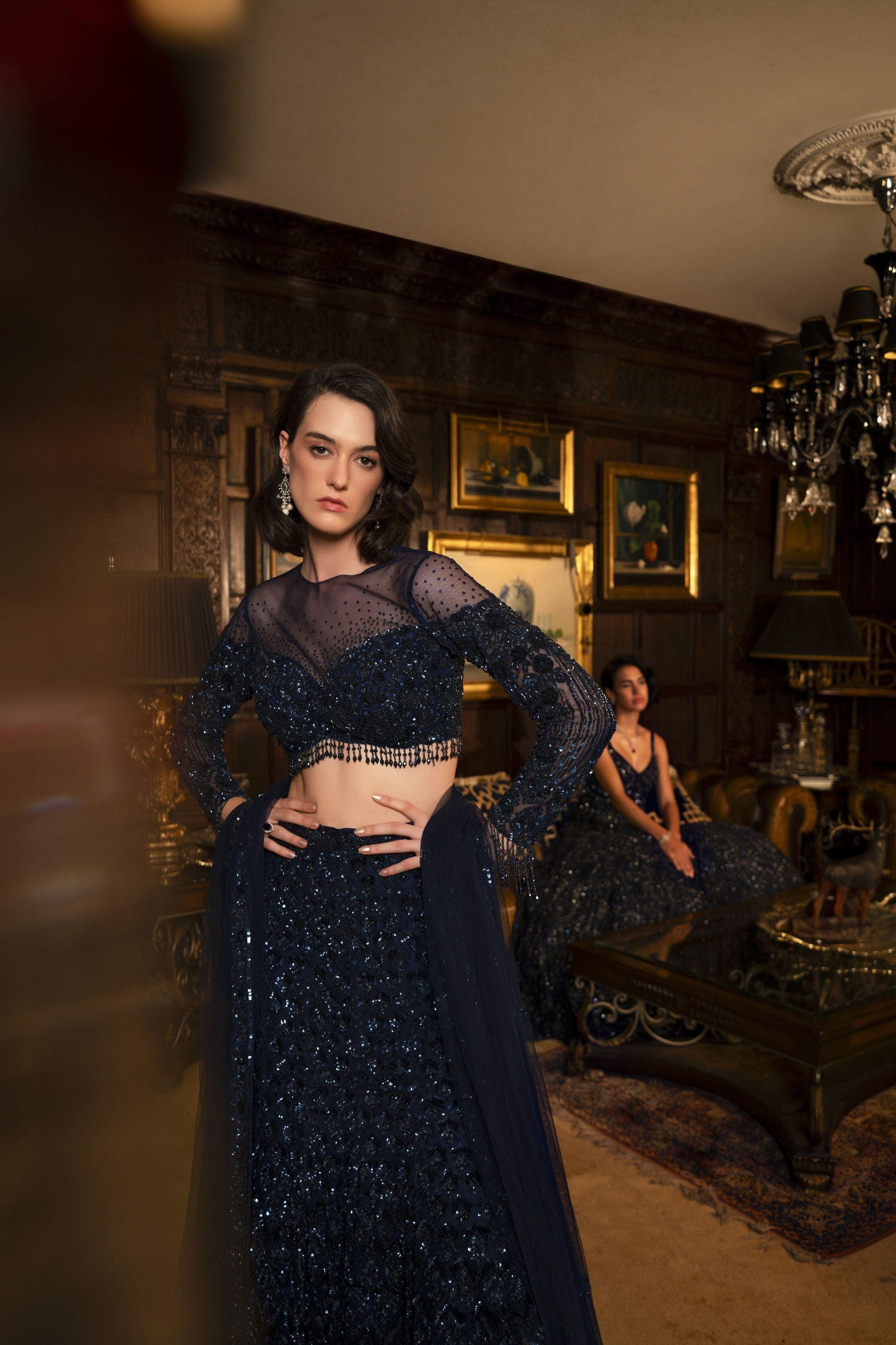 Ethereal Navy Blue Net Lehenga Set - Mokshaa