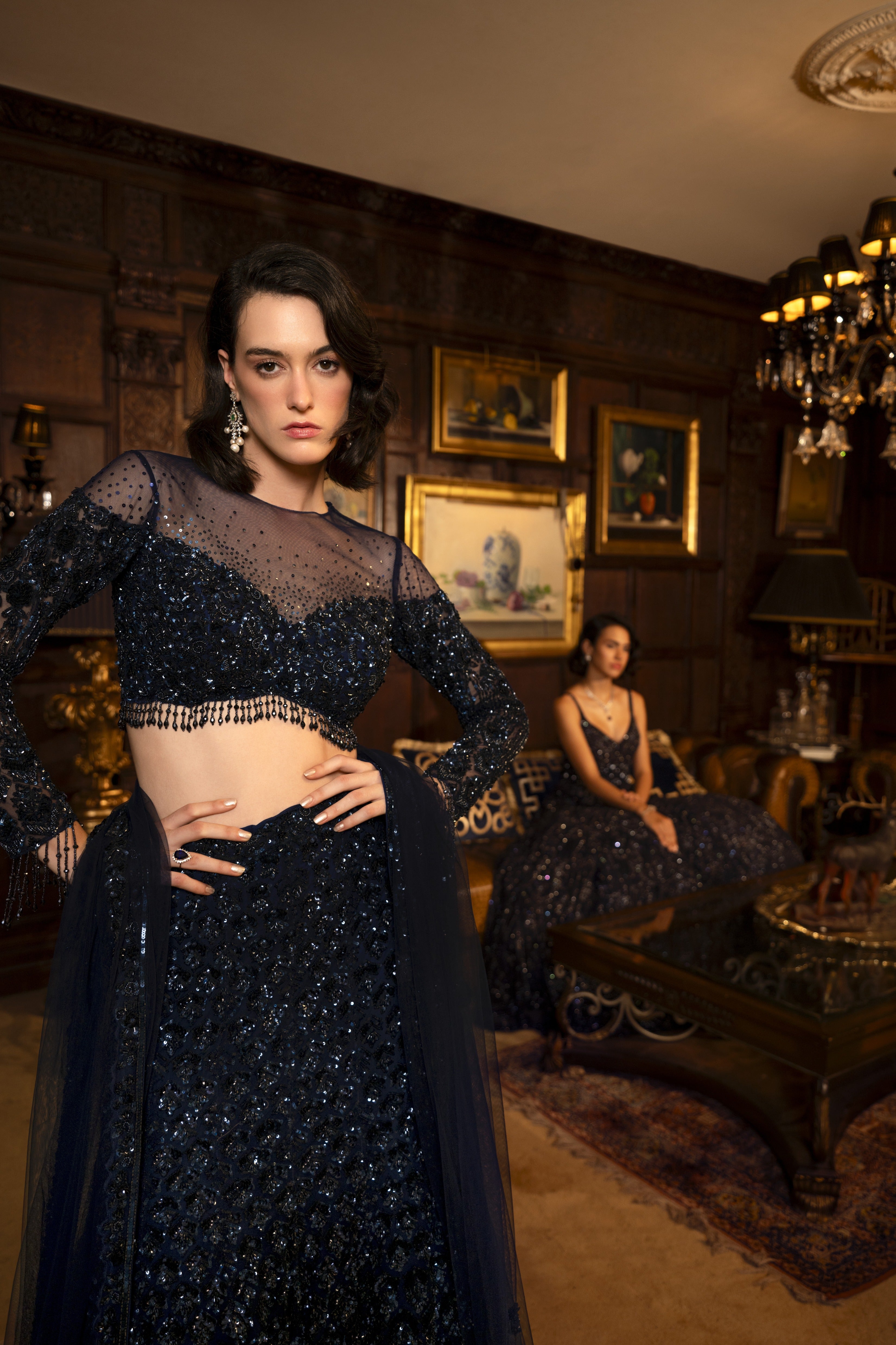 Ethereal Navy Blue Net Lehenga Set - Mokshaa