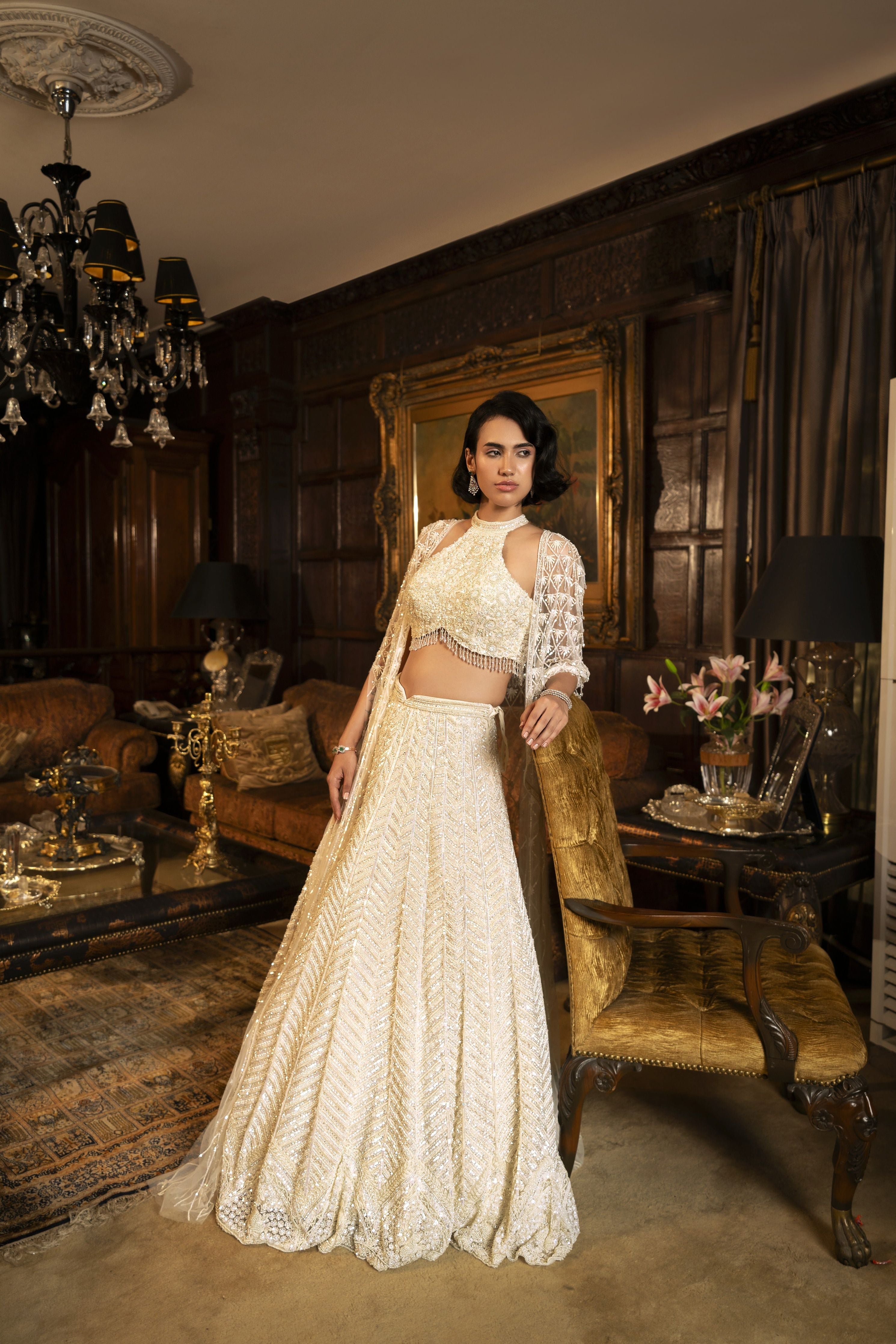 Off-White Net Lehenga Set with Delicate Sequins, Pearl, and Stone Work - Mokshaa