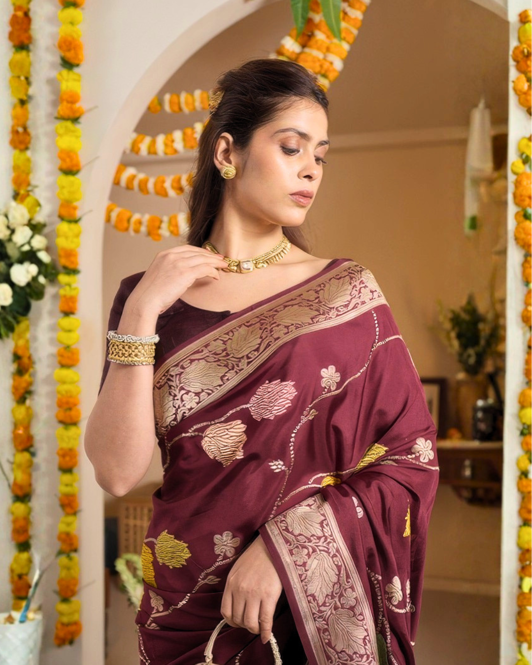 Wine Banarasi Silk Saree