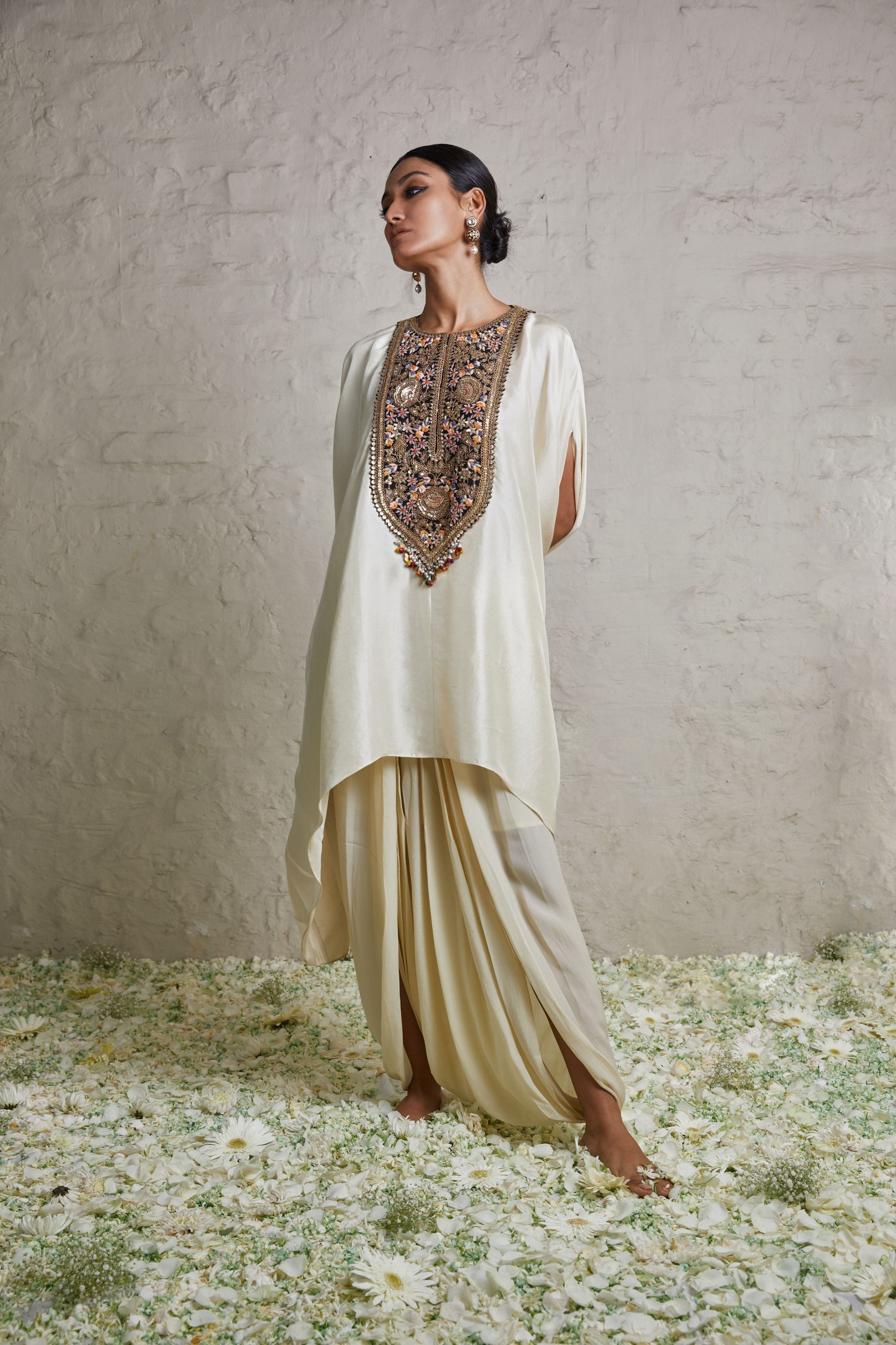 Ivory silk kaftaan with crepe dhoti  Mokshaa