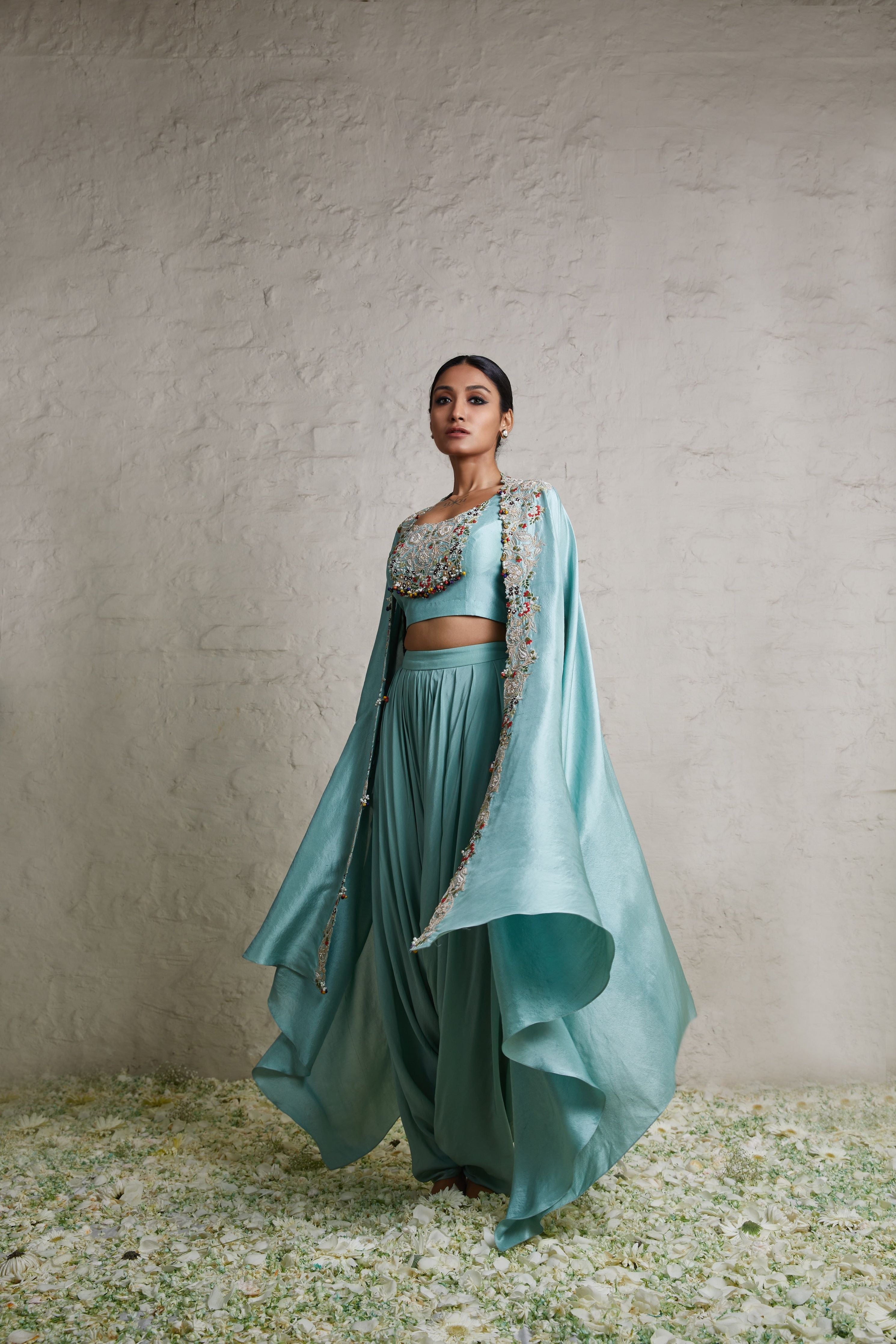 Aqua silk blouse with silk jacket and crepe dhoti  Mokshaa