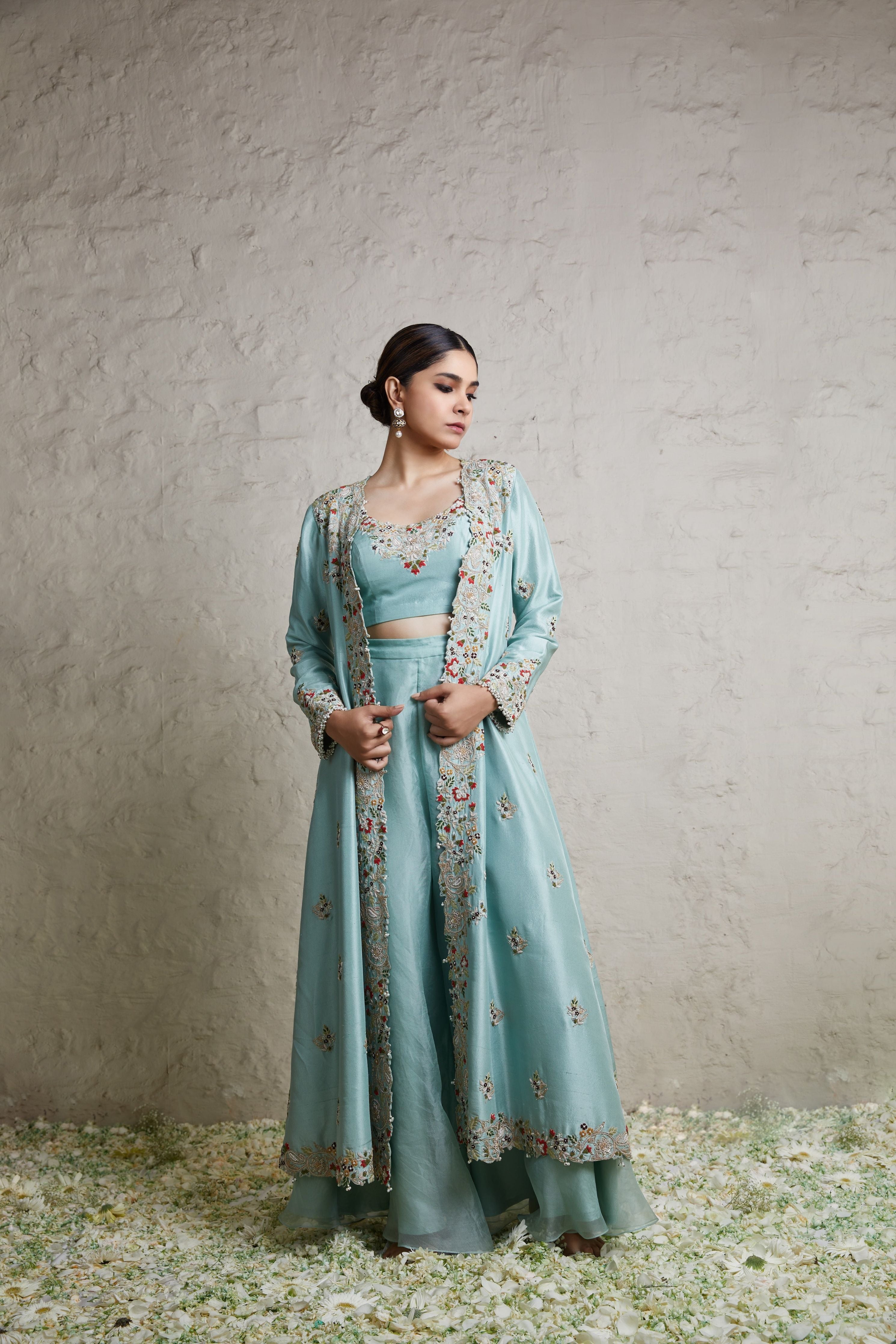 Aqua silk blouse with silk jacket and organza sharara  Mokshaa