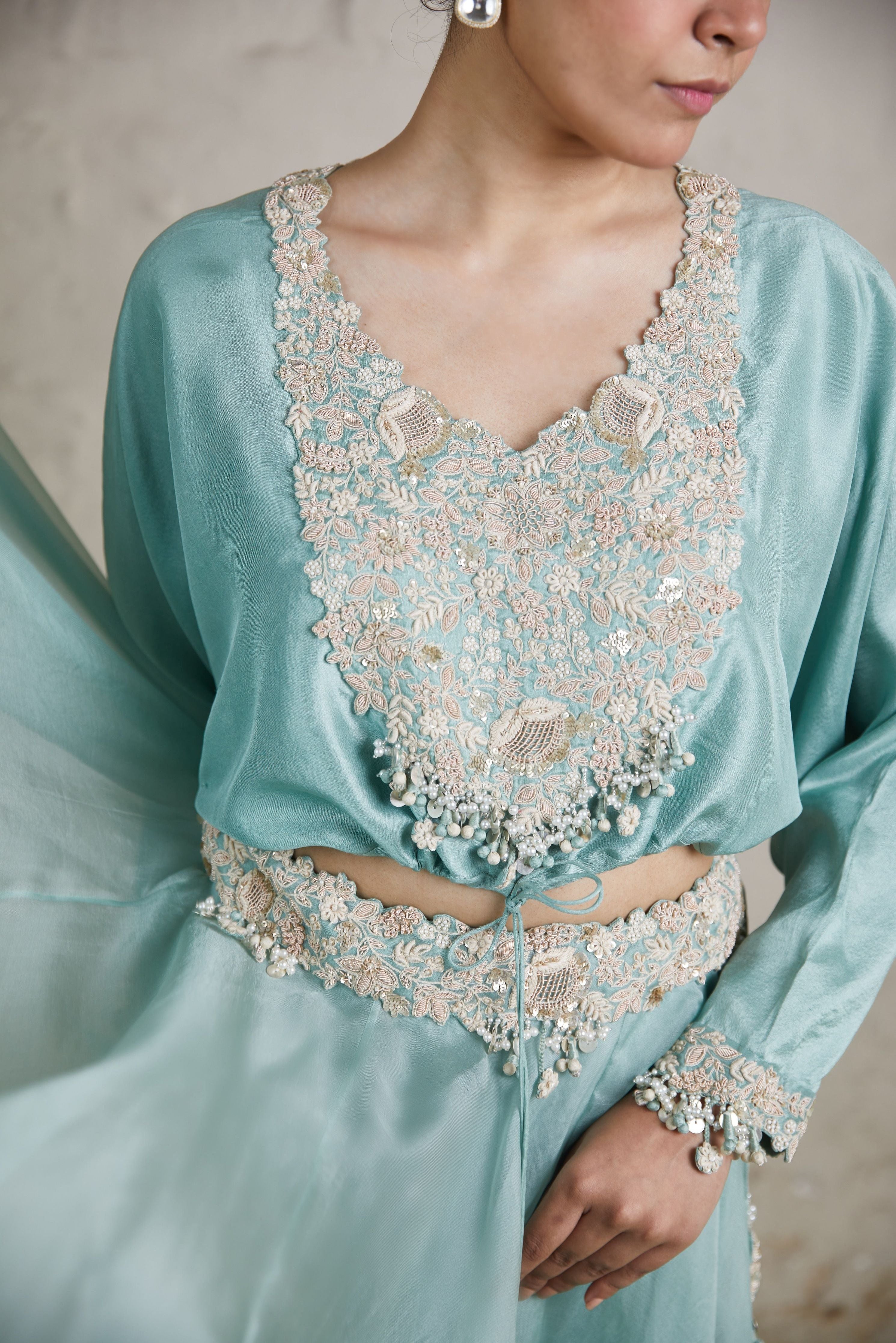 Aqua silk blouse with organza skirt聽 Mokshaa