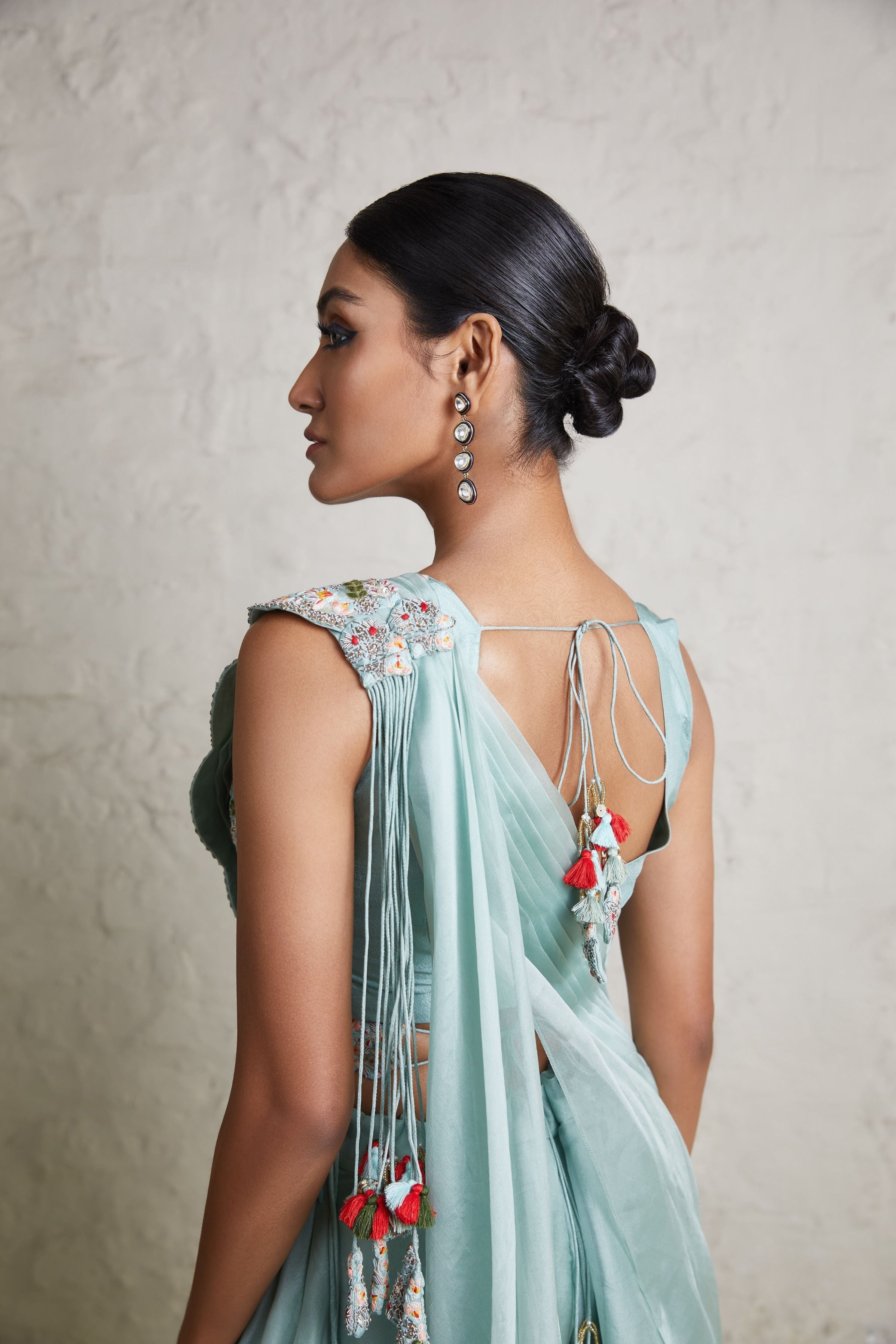 Aqua silk blouse with organza drape and organza sharara聽 Mokshaa