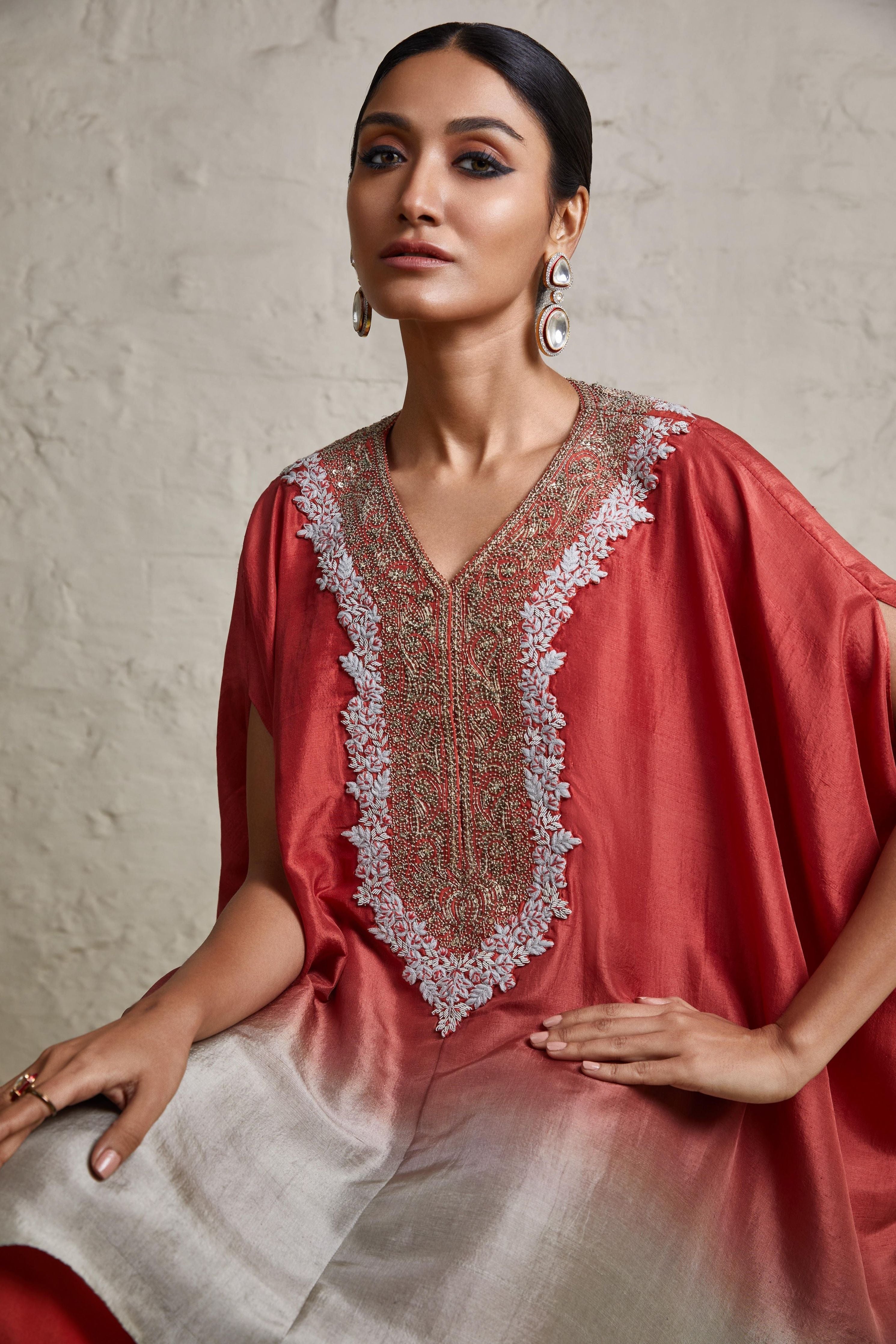 Burnt orange silk Ombre kaftaan with cotton satin asymmetric pant聽 Mokshaa