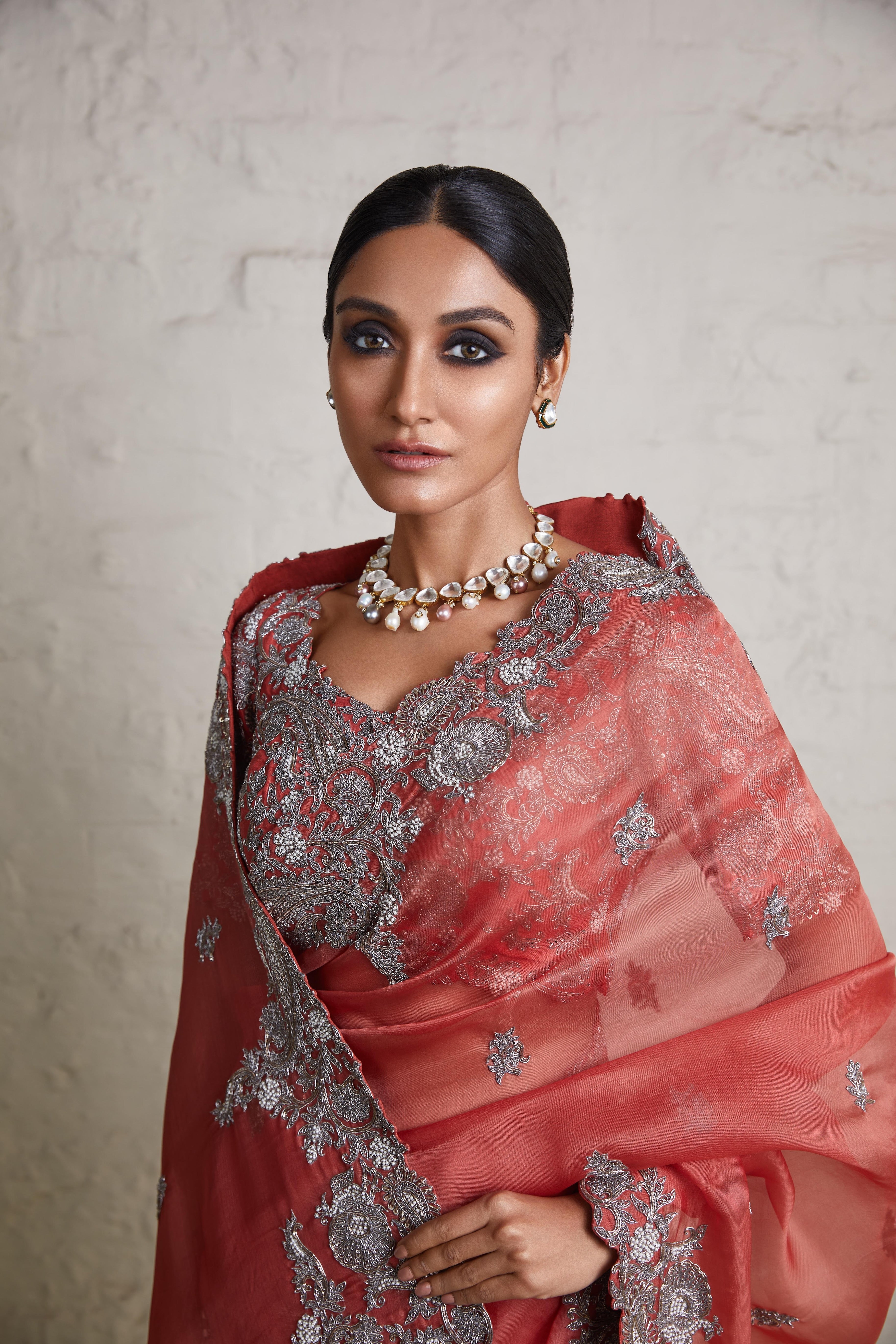 Burnt Orange Silk Blouse with Organza Saree  Mokshaa