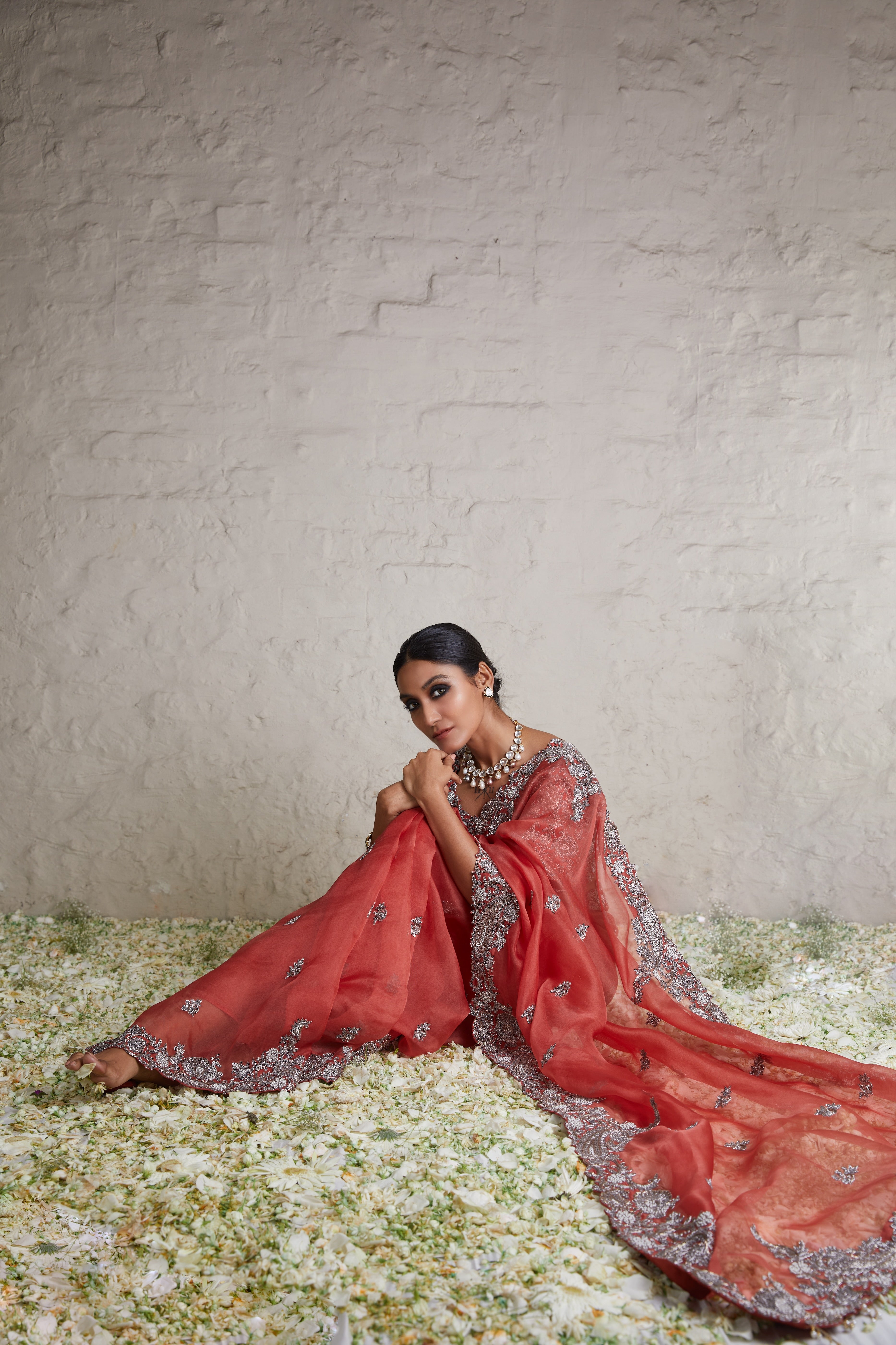 Burnt Orange Silk Blouse with Organza Saree  Mokshaa