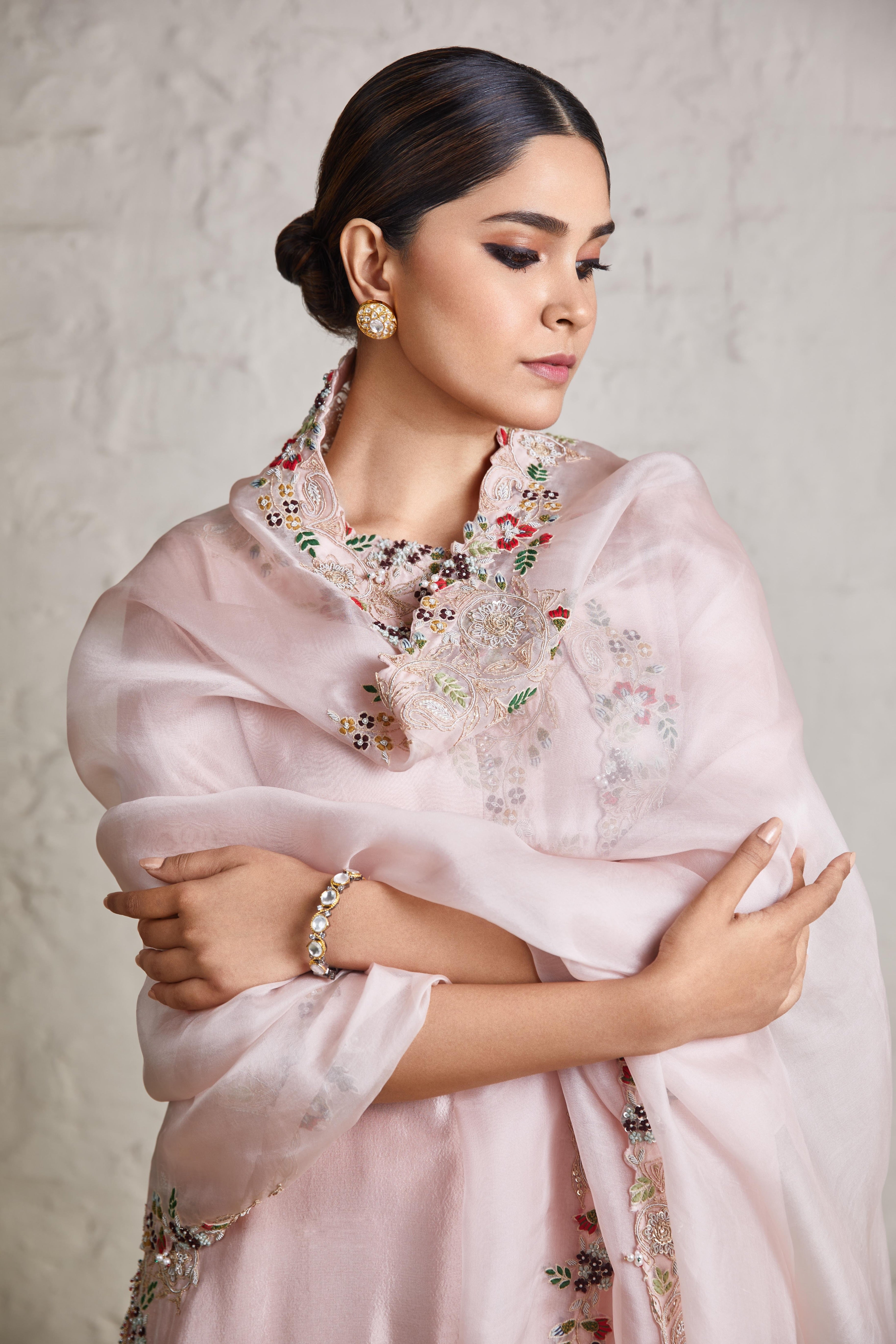 Flamingo silk kurta with organza sharara and organza dupatta  Mokshaa