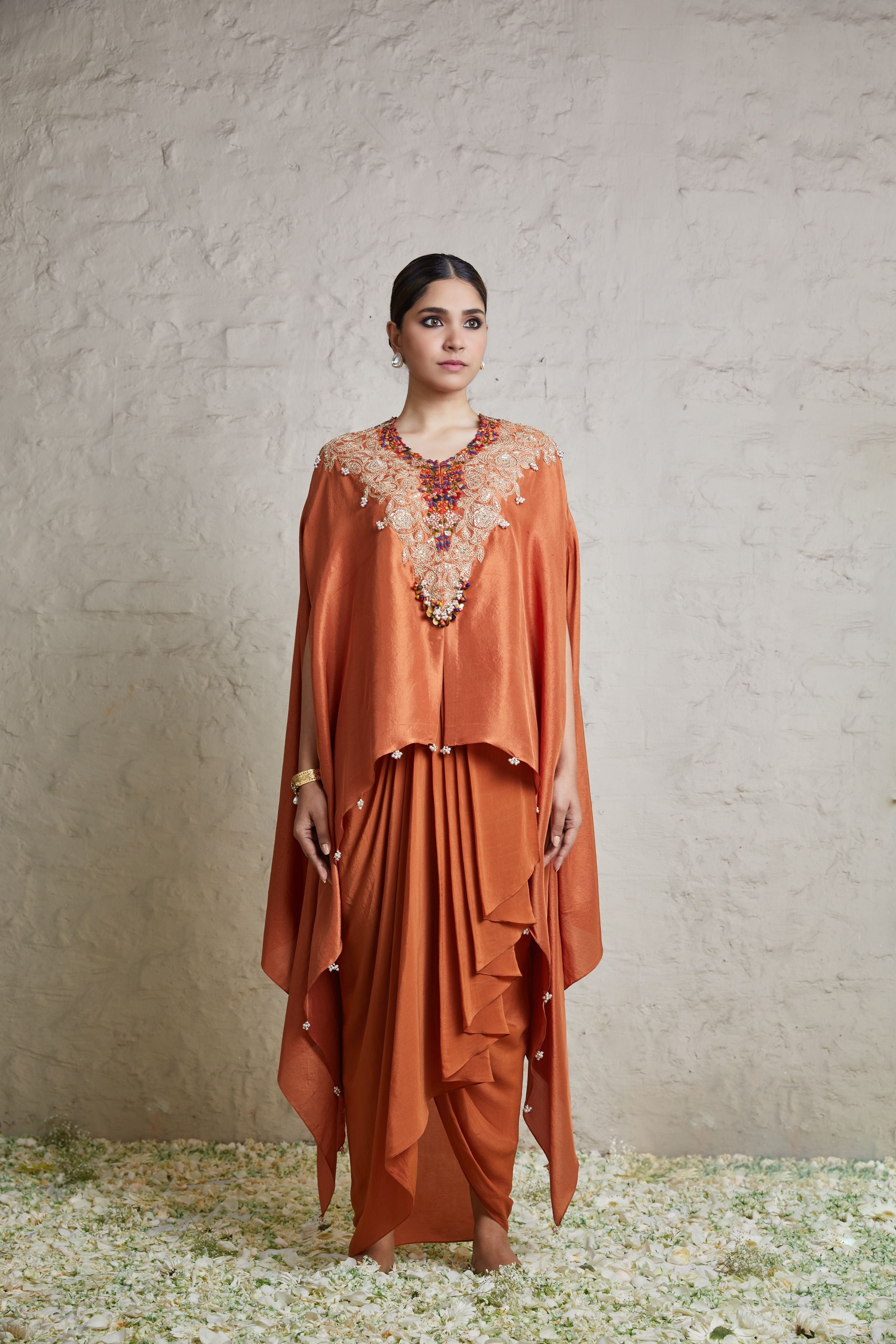 Burnt orange silk kaftaan with crepe dhoti  Mokshaa